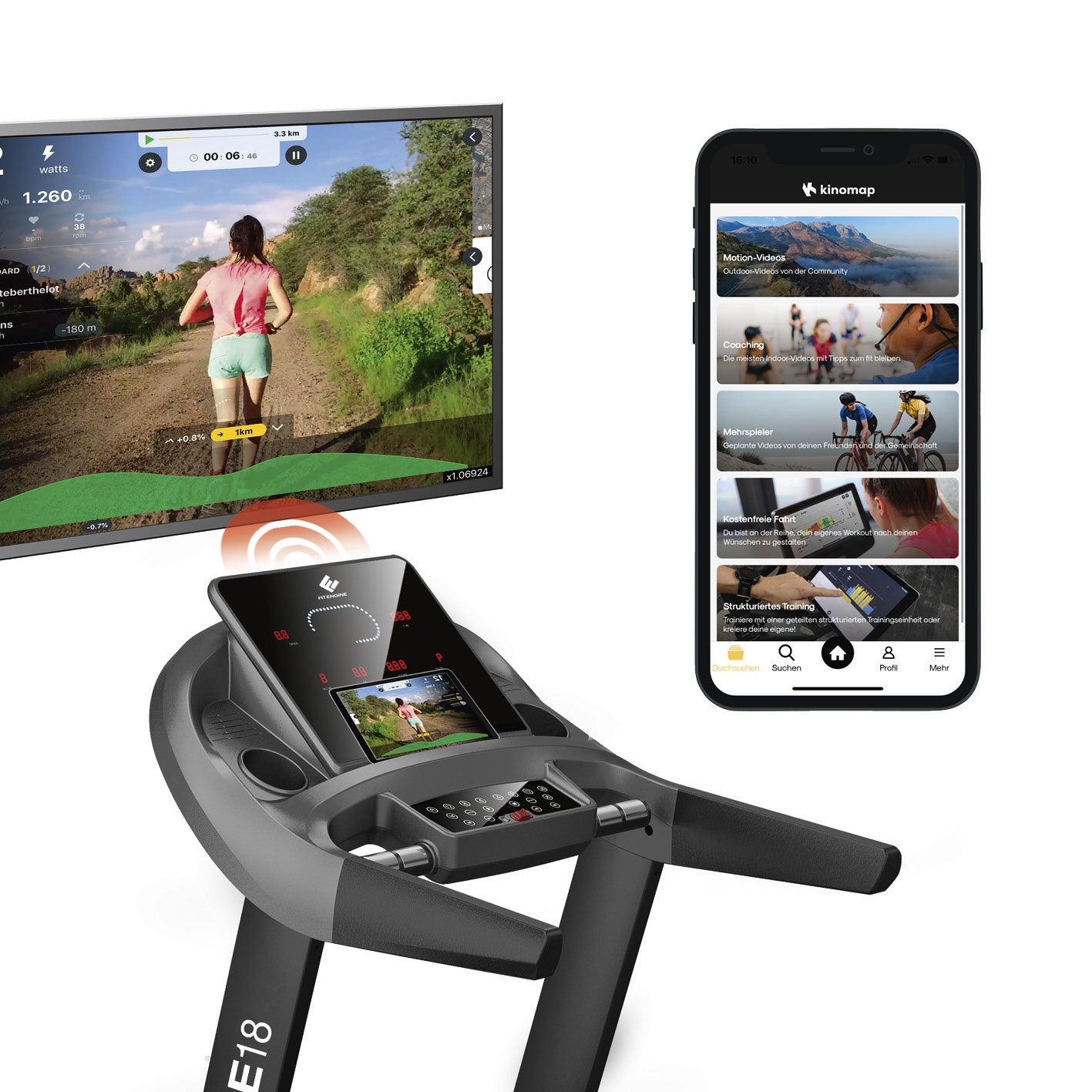 Laufband RACE18 mit App-kompatibilität, großem Display, breiter Lauffläche und Trainingsmotivation über Kinomap.