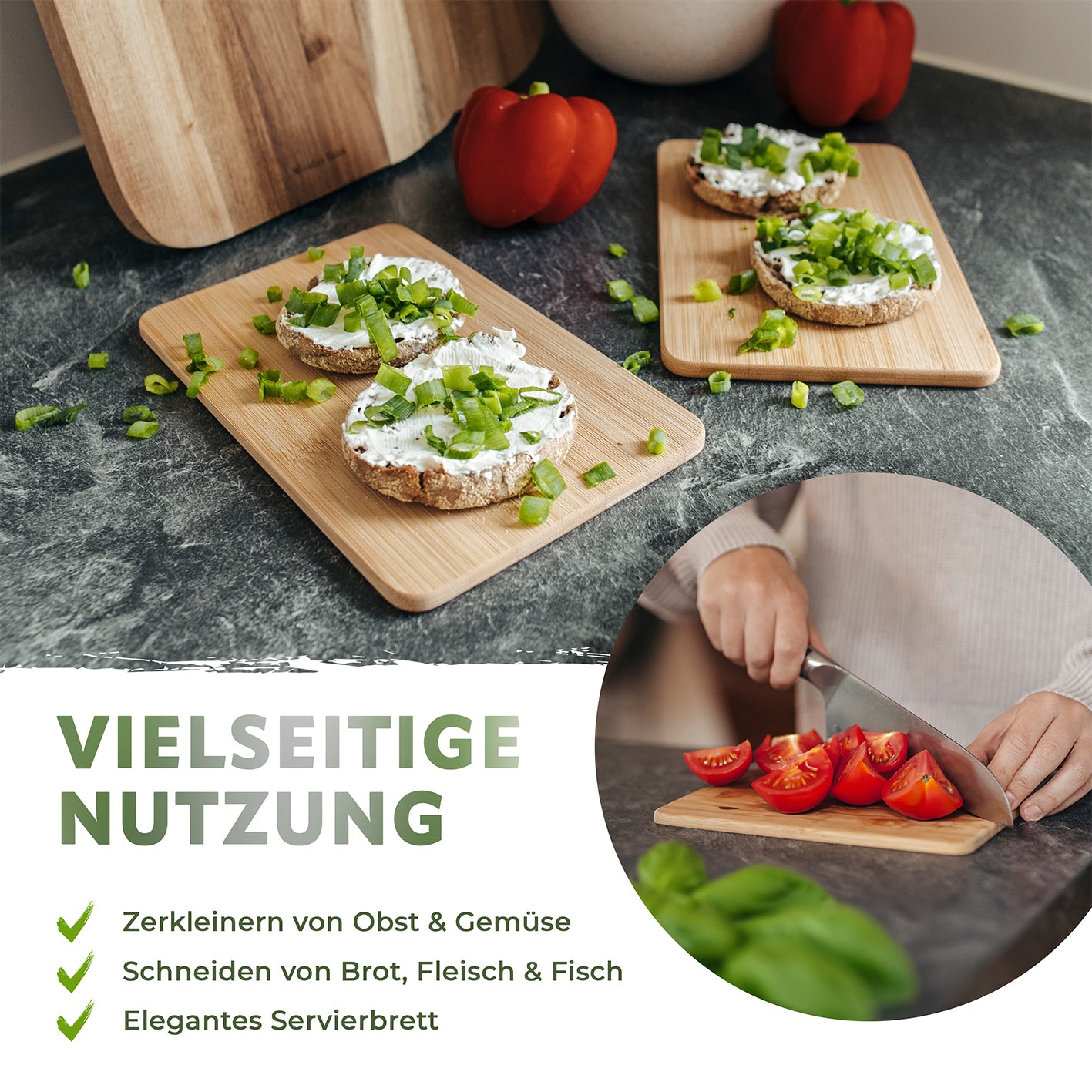 Schneidebretter aus Bambus - 6er-Set mit robusten, messerschonenden Brettern zum Schneiden, Servieren und Zerkleinern von Speisen.