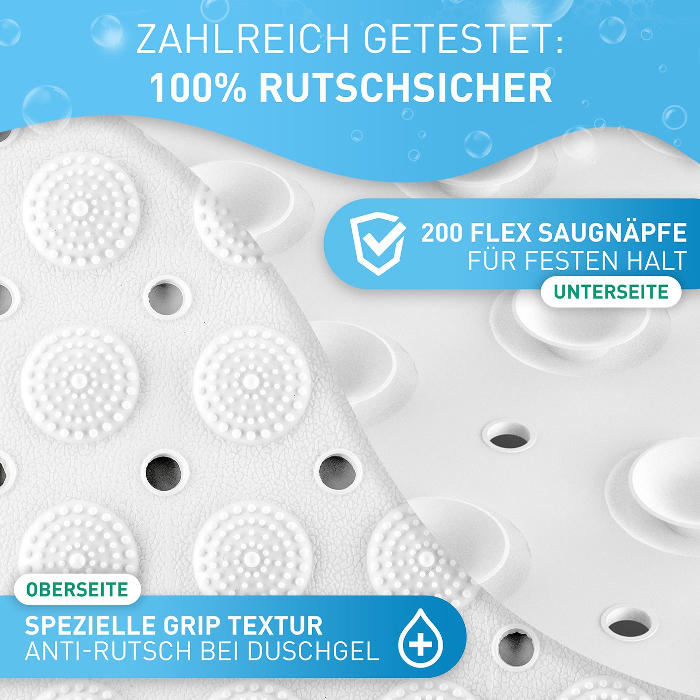 Badewannenmatte - Weiß - 100 x 40 cm mit 200 Flex-Saugnäpfen und spezieller Grip-Textur für sicheren Halt und Rutschfestigkeit.