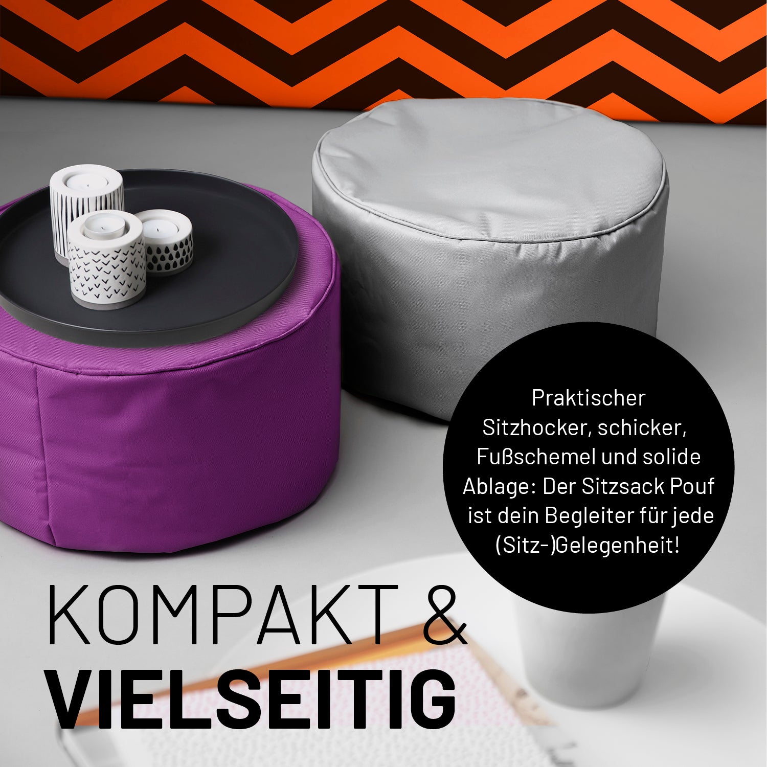 Sitzsack-Hocker/Pouf (50 L) Lila, modern, vielseitig als Sitzhocker, Ablage & Fußschemel, für indoor & outdoor, pflegeleicht und robust.
