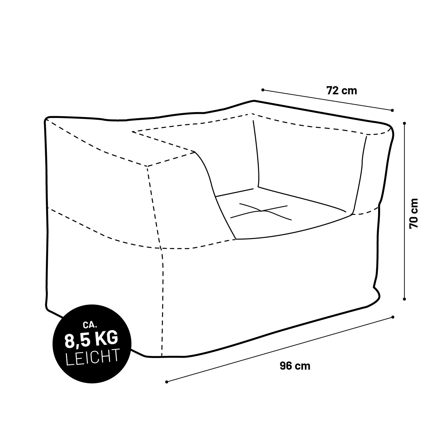 Skizze des Sitzsack-Sofa Sessel (400 L) - Modulares System - indoor & outdoor - Rotwein mit Maßen und Gewichtangabe ca. 8,5 kg leicht.