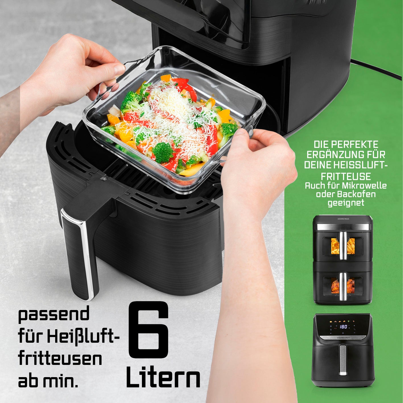 Glas-Auflaufform für Heißluftfritteuse & Backofen - 24 x 20 x 5 cm - 1500 ml aus robustem Borosilikatglas für vielseitiges Garen und Servieren