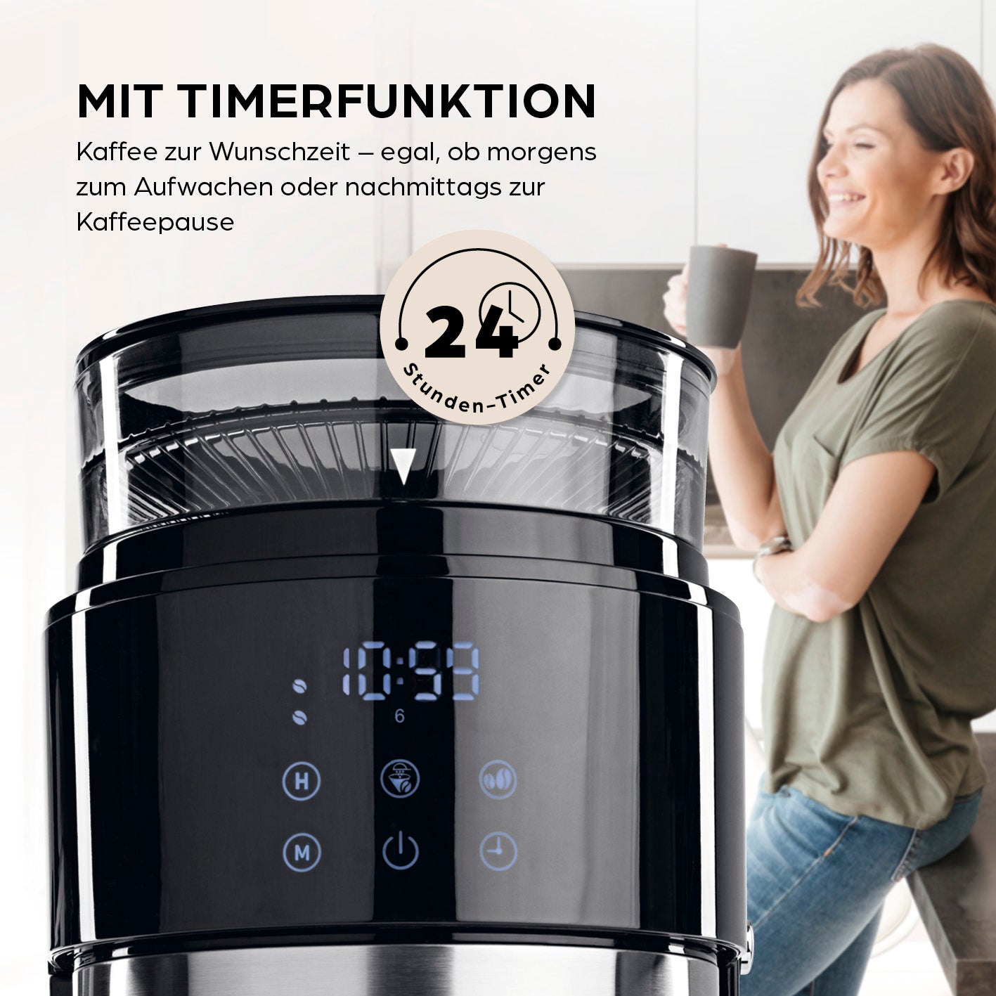 Filterkaffeemaschine Grind mit integriertem Mahlwerk, LED-Touchdisplay und Timerfunktion für frischen Kaffee nach Wunsch.