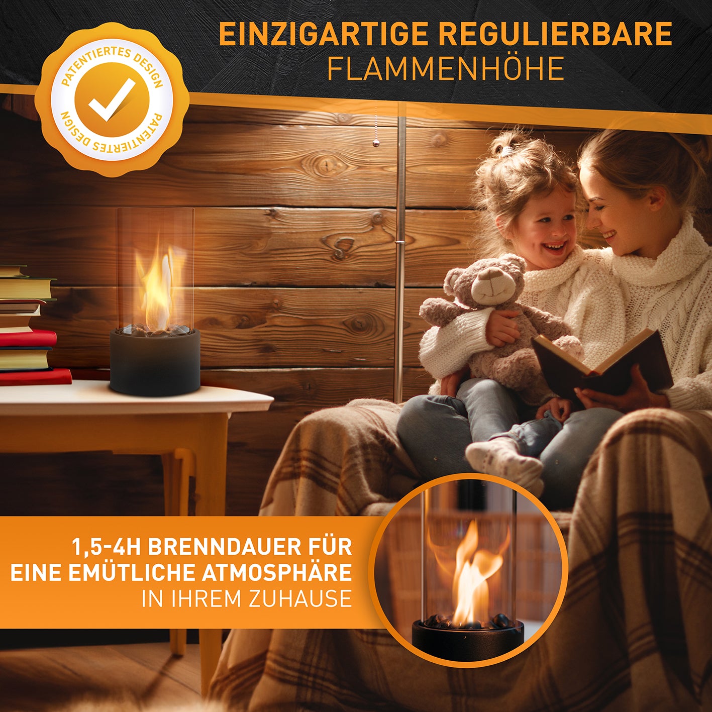 Indoor-Tischkamin - Schwarz: Kompakter Ethanol-Tischkamin mit regulierbarer Flammenhöhe für gemütliche Wärme und Atmosphäre zu Hause.