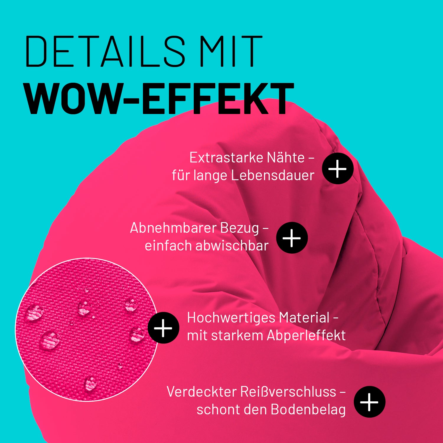 Sitzsack Drops (300 L) - Pink, langlebig mit extrastarken Nähten, abnehmbarem Bezug, wasserabweisendem Material und verdecktem Reißverschluss.