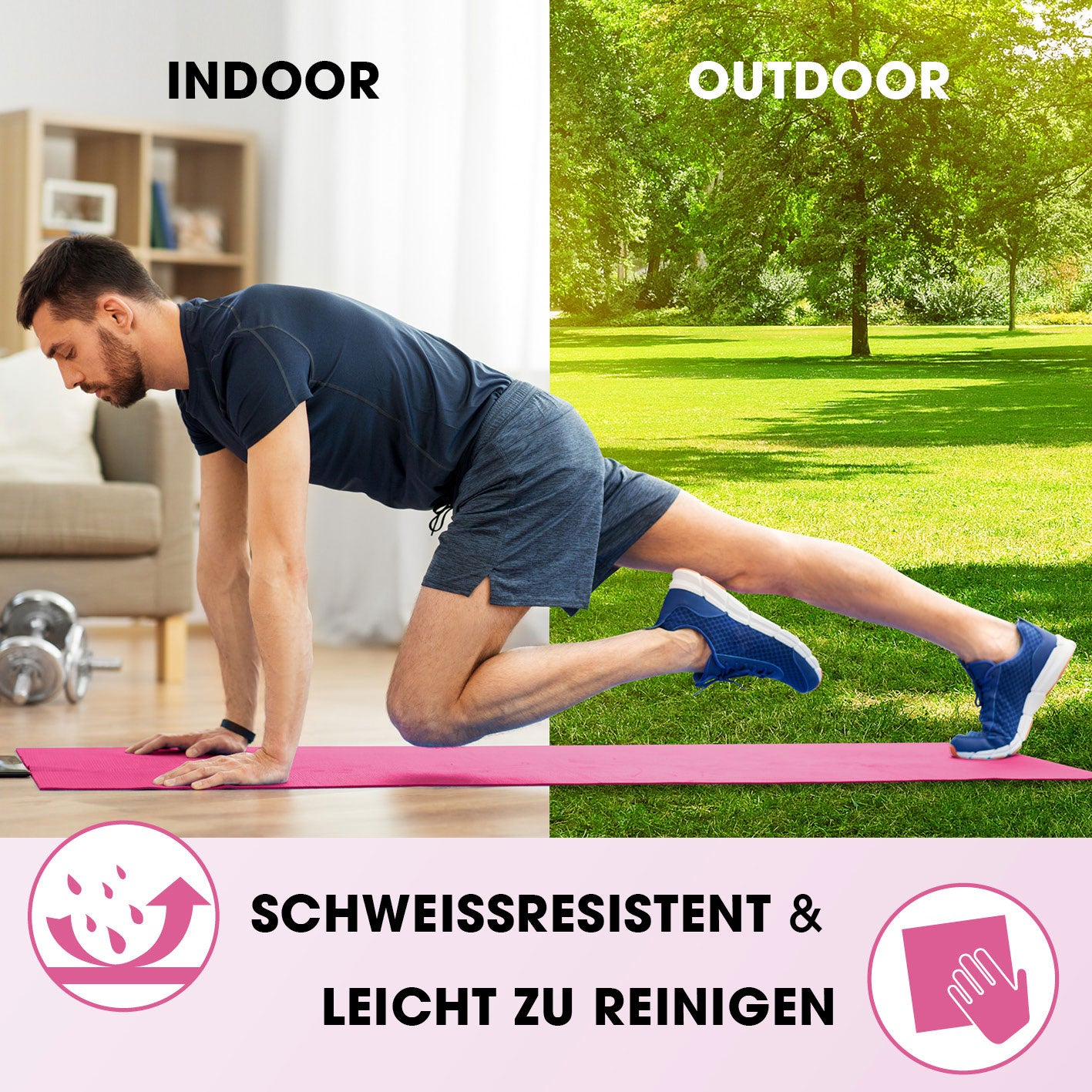 Fitness- und Gymnastikmatte - 183 x 61 x 1,5 cm - Pink, rutschfest, schweißresistent, für Indoor und Outdoor Training geeignet.