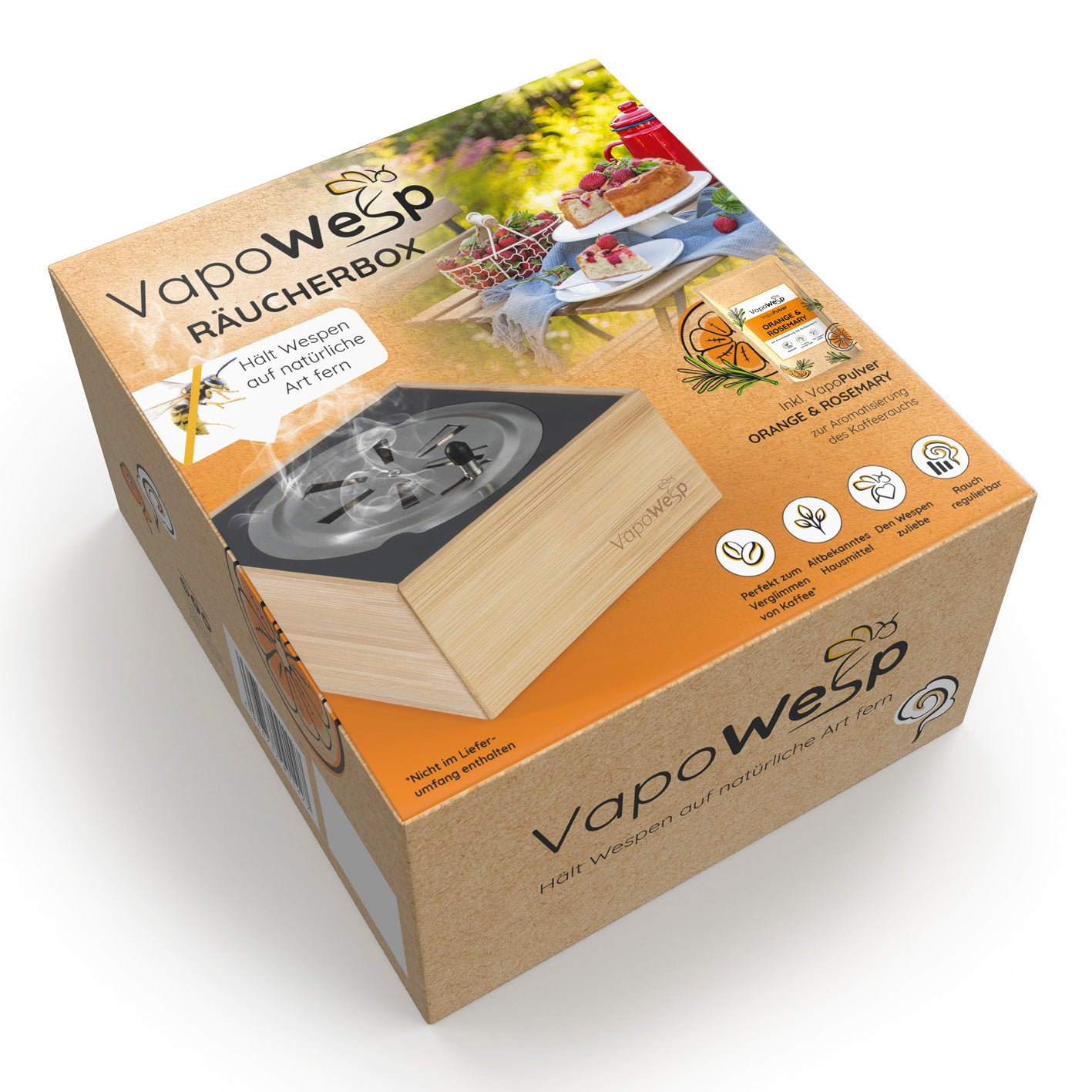 Räucherbox inkl. Orange & Rosemary (50 g) + Lemon & Basil (100 g) + Hay Flowers & Thyme (100 g) zur natürlichen Wespenabwehr.