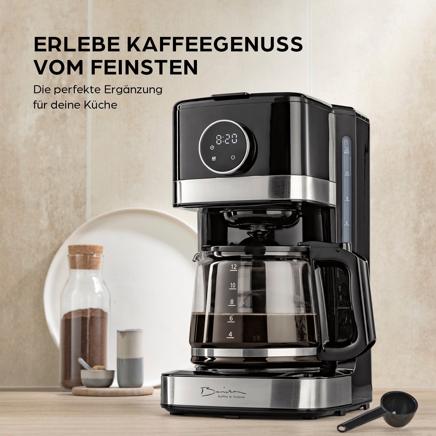 Filterkaffeemaschine Touch mit digitalem LED-Touchdisplay, 1,5 l Tank, 12 Tassen, Timerfunktion und einstellbarer Brühstärke.