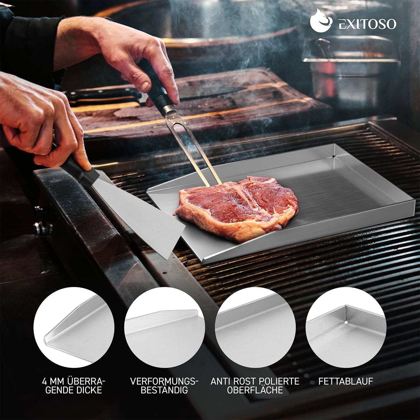 Grillplatte + Grillspachtel - Edelstahl - Universalgröße mit rostfreier, polierter Oberfläche und Fettablauf auf Gasgrill im Einsatz.