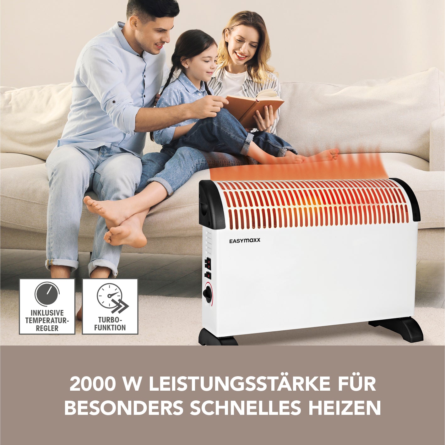 Heizkonvektor - weiß/schwarz mit 2000 W Leistung, Turbo-Funktion, Thermostat und 3 Heizstufen für schnelles Heizen.