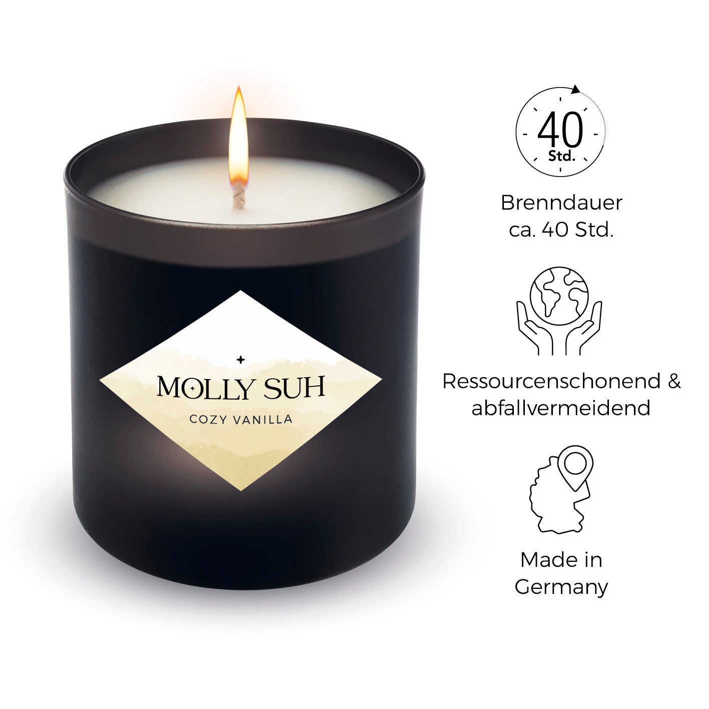 Duftkerze Cozy Vanilla von MOLLY SUH, brennt ca. 40 Std., ressourcenschonend, abfallvermeidend, Made in Germany, eleganter Duftkerze.