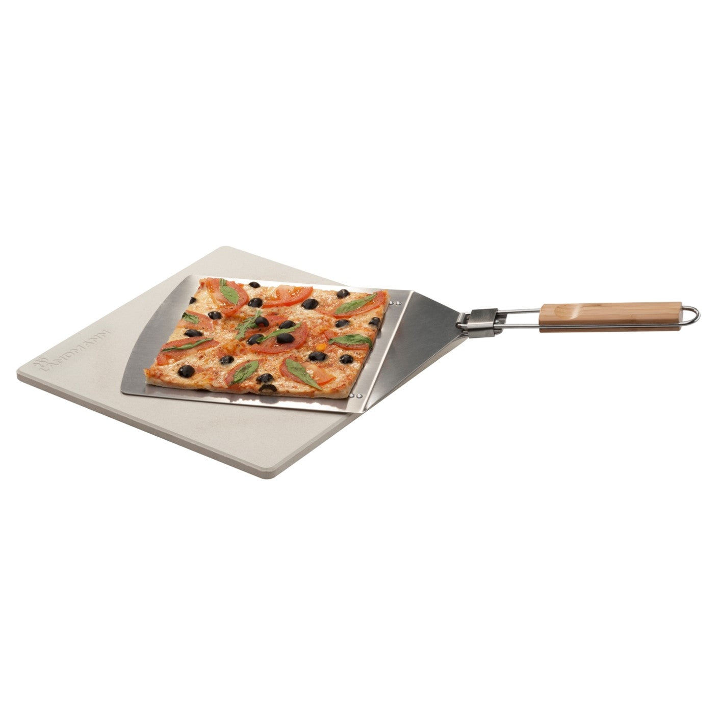 Selection Pizzastein-Set mit Cordierit Stein und klappbarem Edelstahl-Pizzaheber mit Bambusgriff für Grill und Backofen.