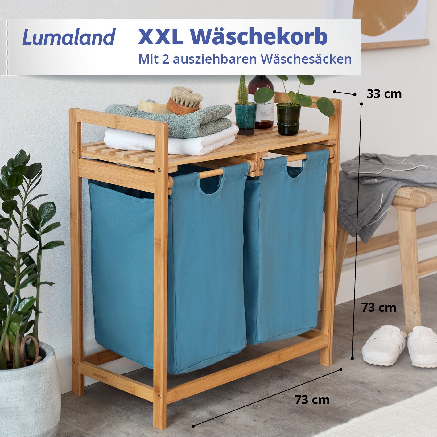 Bambus Wäschekorb mit 2 ausziehbaren Wäschesacken - 73 x 64 x 33 cm - Blau