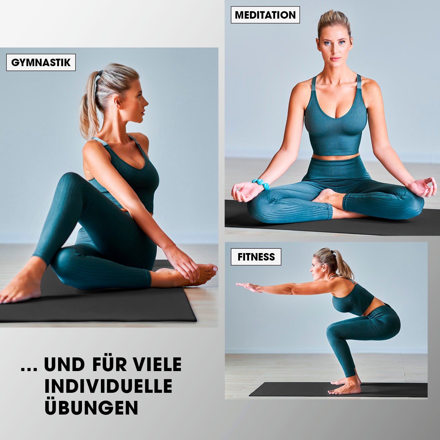 Fitness- und Gymnastikmatte - 183 x 61 x 1,5 cm - Schwarz, rutschfest, robust, ideal für Gymnastik, Meditation und Fitnessübungen.