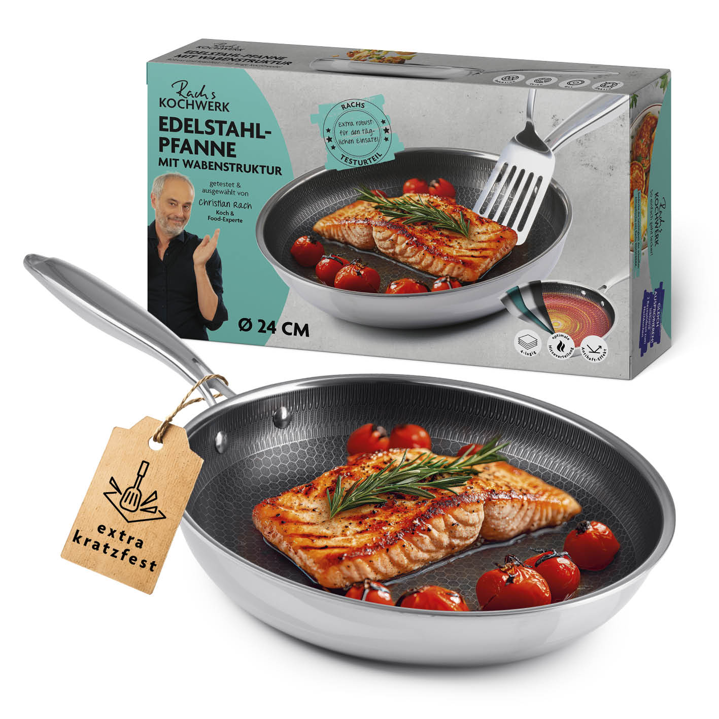 Edelstahl-Pfanne mit Wabenstruktur Ø 24 cm, kratzfest, antihaftbeschichtet, für alle Herdarten, mit Soft-Touch-Griff und hohem Rand.