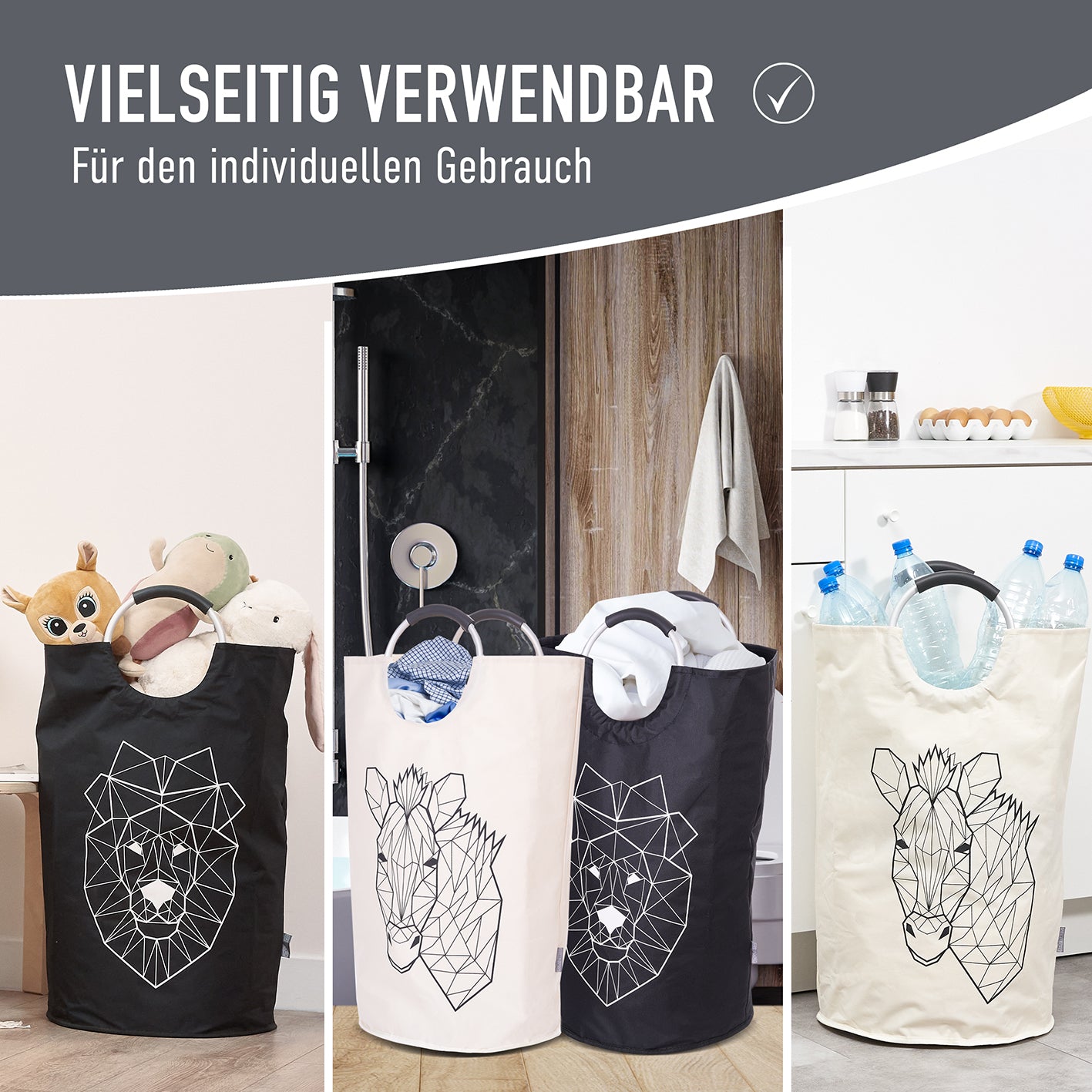 Faltbarer Wäschekorb - 2er Set - Motiv Löwe & Zebra, wasserabweisend, faltbar und mit robusten Henkeln, ideal für Wäsche und Aufbewahrung.