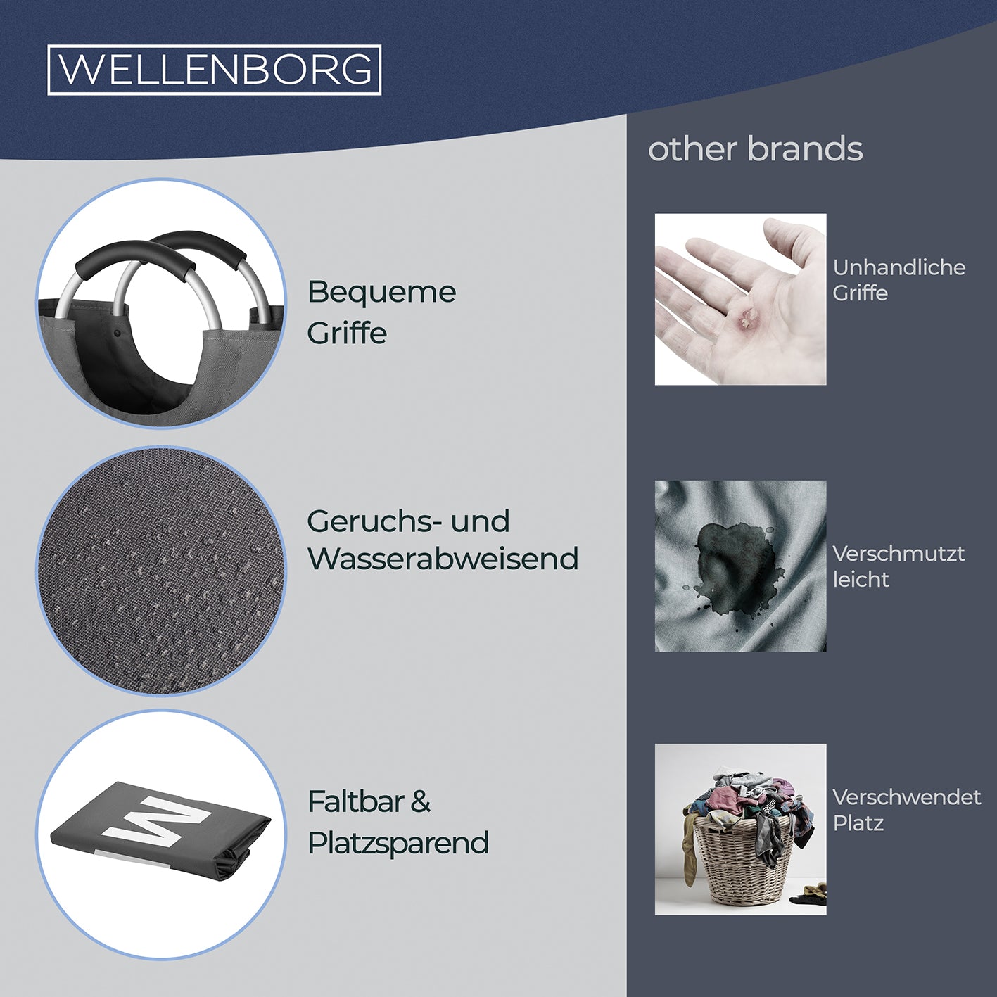 Faltbarer Wäschekorb - Grau - 82 Liter mit wasserabweisendem Polyester, faltbar, platzsparend und bequemen Griffen von Wellenborg.