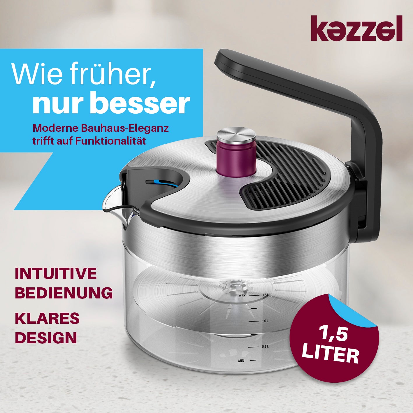 Wasserkessel für Induktionsherde 1,5 Liter mit automatischer Abschaltung, klarem Design und Bauhaus-Eleganz von Kezzel.