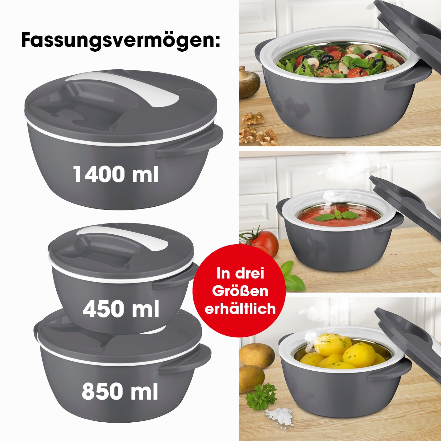 Thermo-Schüssel Mikrowelle - 1400 ml grau/weiß, doppelwandig mit Edelstahleinsatz, hält Speisen warm oder kalt bis 5 Stunden.