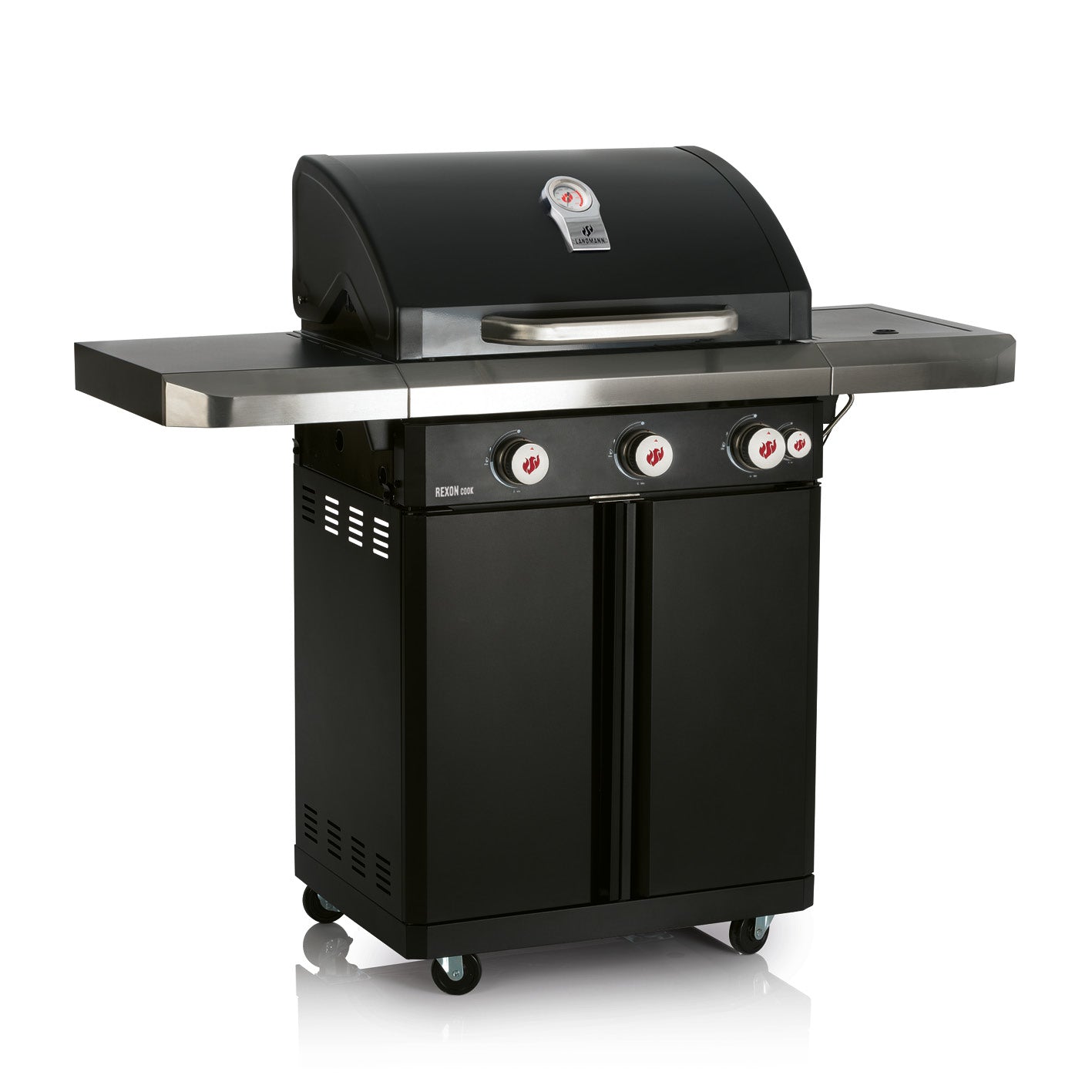 Gasgrill Rexon PTS 3.1 - schwarz mit 3 Edelstahl-Brennern, seitlichem Seitenbrenner, emaillierten Grillrosten und Temperaturanzeige im Deckel.