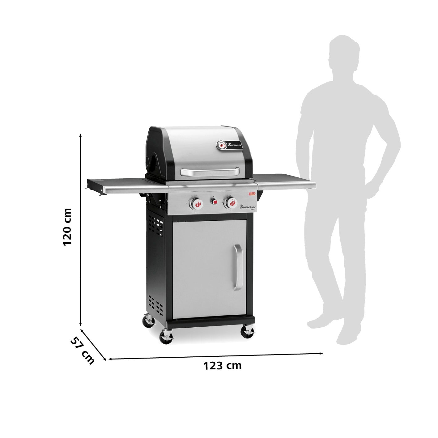 Gasgrill Triton PTS 2.0 silber mit 2 Edelstahl-Brennern, emailliertem Gusseisengrillrost und geschlossenem Unterschrank.