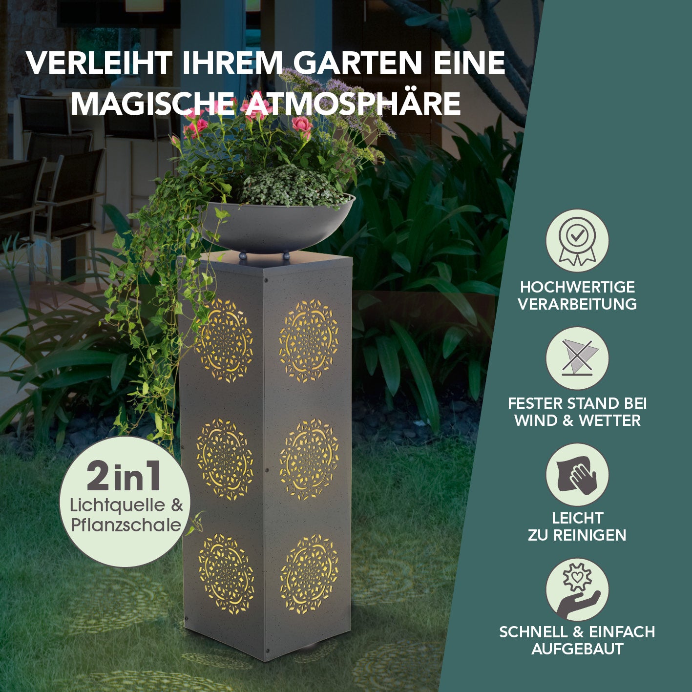 LED-Dekosäule Beton-Optik mit Pflanzschale Mandala - 87 cm - Grau als beleuchtete Garten- und Terrassensäule mit Mandala-Design.
