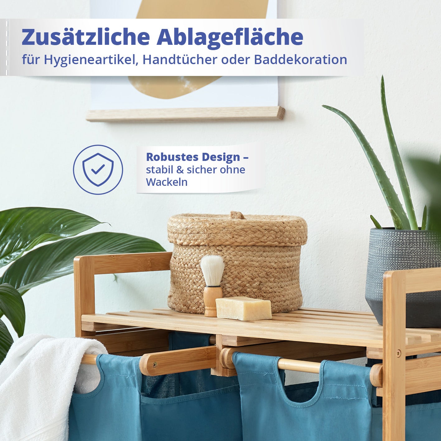 Bambus Wäschekorb mit 2 ausziehbaren Wäschesacken - 73 x 64 x 33 cm - Blau