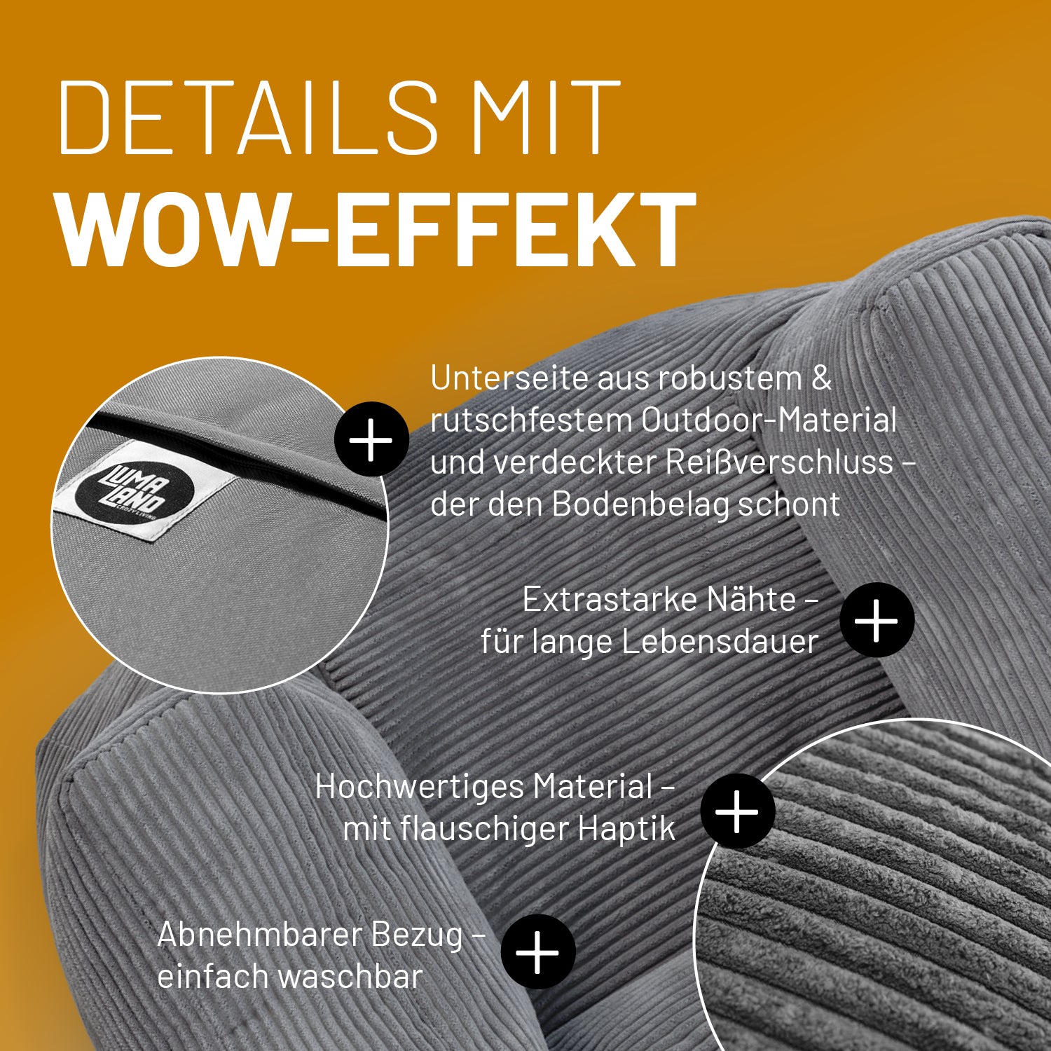 Modulares Basic Set (5-tlg.) aus der Cord-Reihe - Grau mit robustem Outdoor-Boden, abnehmbarem Bezug und hochwertigem Material für langlebigen Komfort.