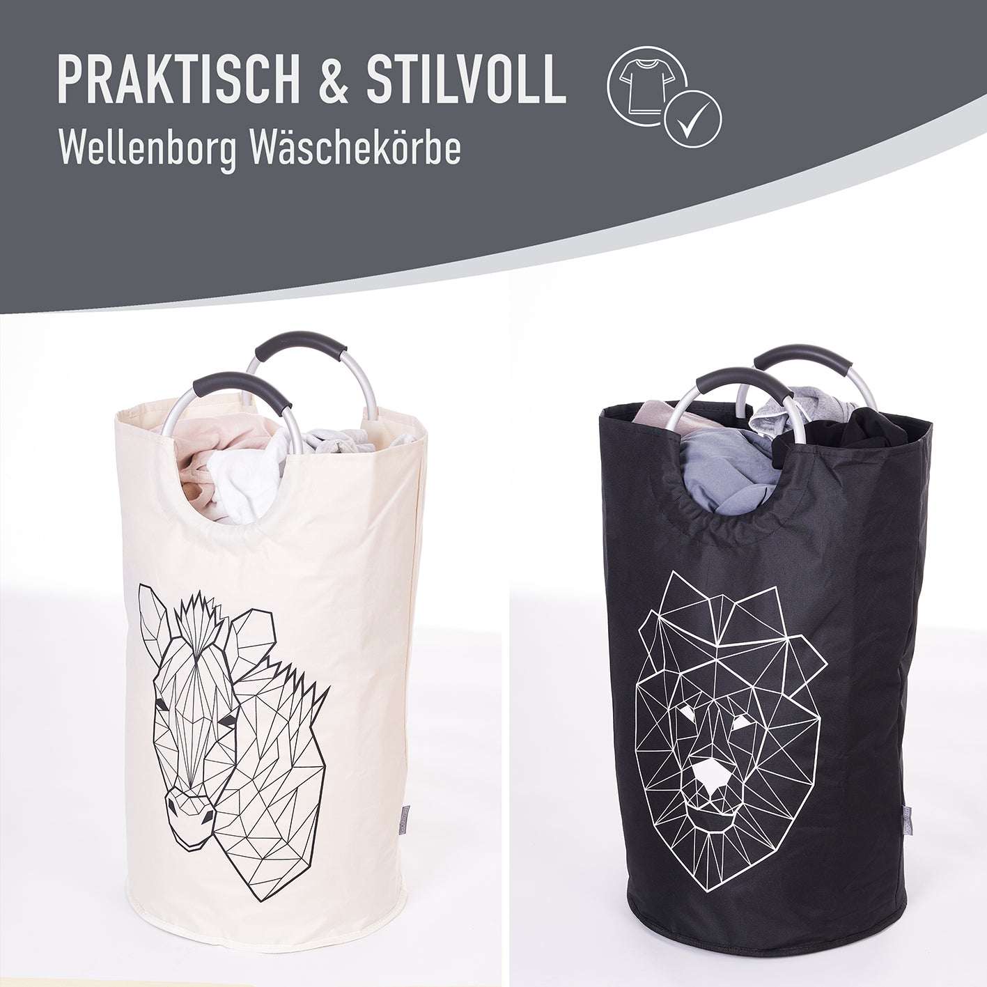 Faltbarer Wäschekorb - 2er Set - Motiv Löwe & Zebra, platzsparend, wasserabweisend und mit robusten Henkeln für einfachen Transport.