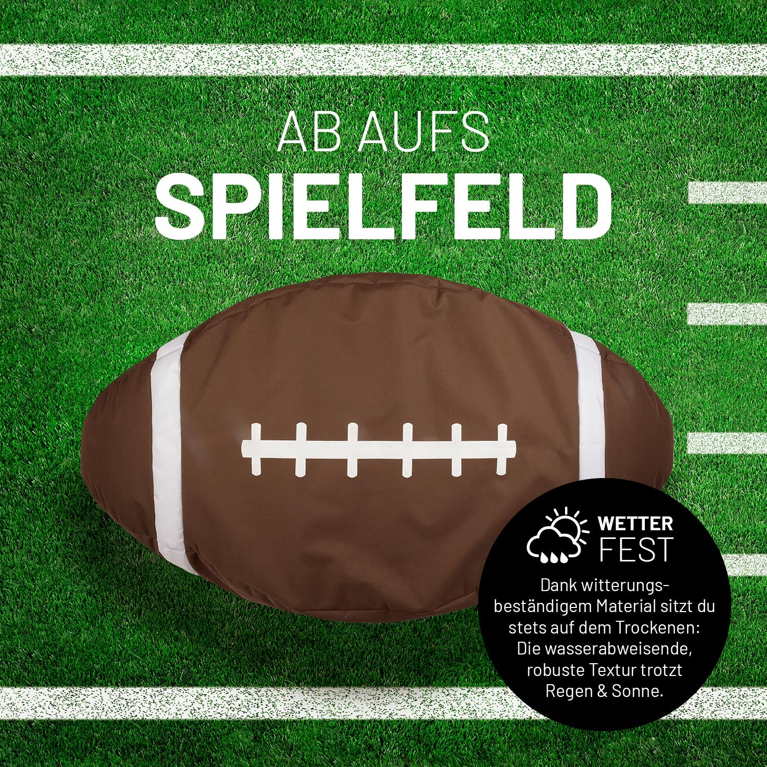 Football-Sitzsack (300 L) im Football-Design, wetterfest, robust und ideal für indoor & outdoor Nutzung auf Rasen oder Spielfeld.