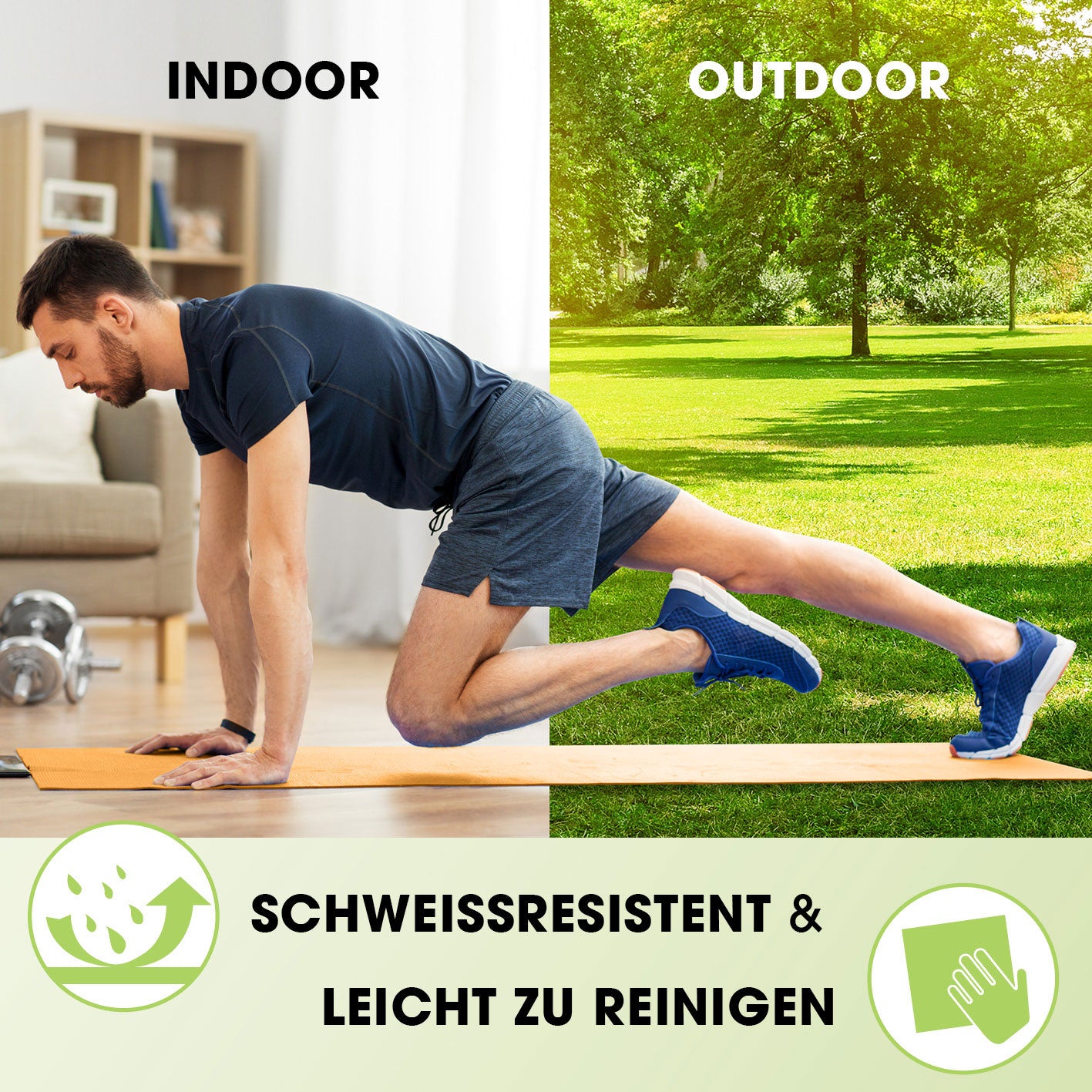 Fitness- und Gymnastikmatte - 183 x 61 x 1,5 cm - Grün, rutschfest, robust, schweißresistent, ideal für Indoor und Outdoor Übungen.