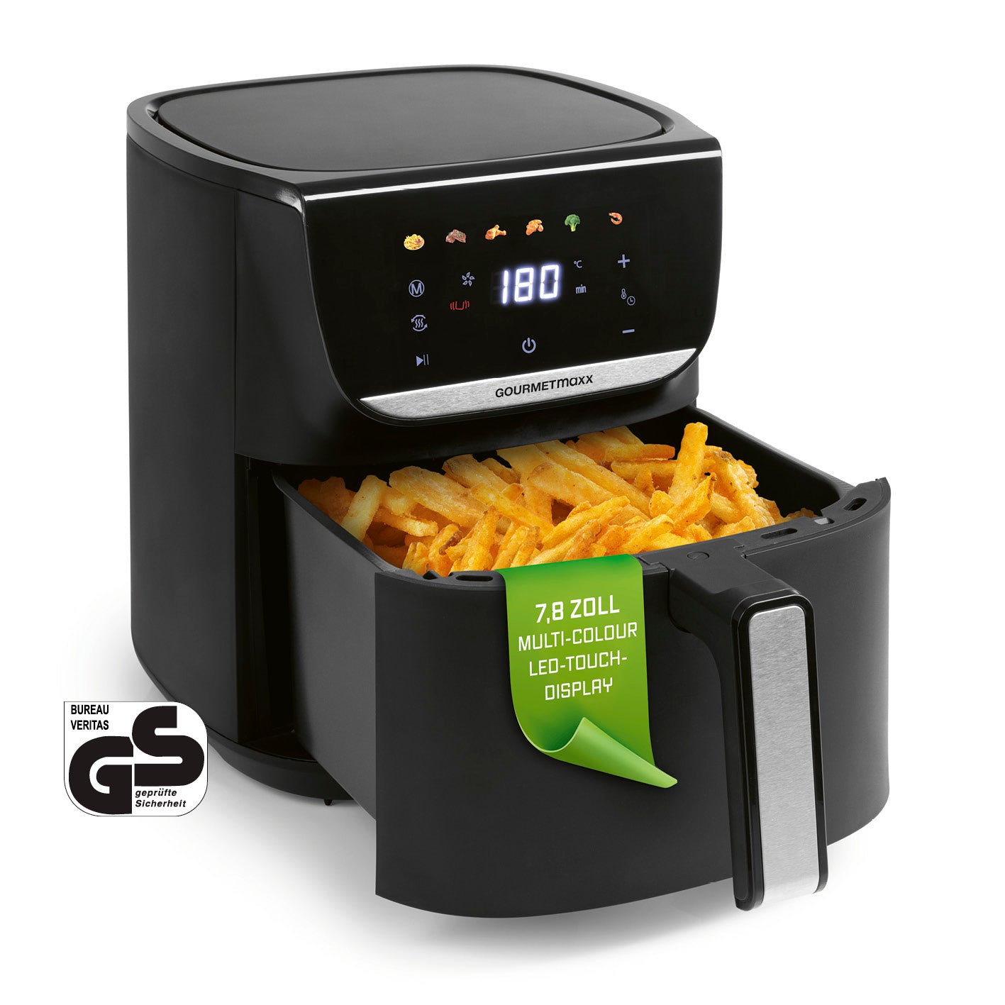 Heißluftfritteuse - 5,5 Liter mit 7,8 Zoll LED-Touchdisplay und fettarmem Frittieren für knusprige Pommes.
