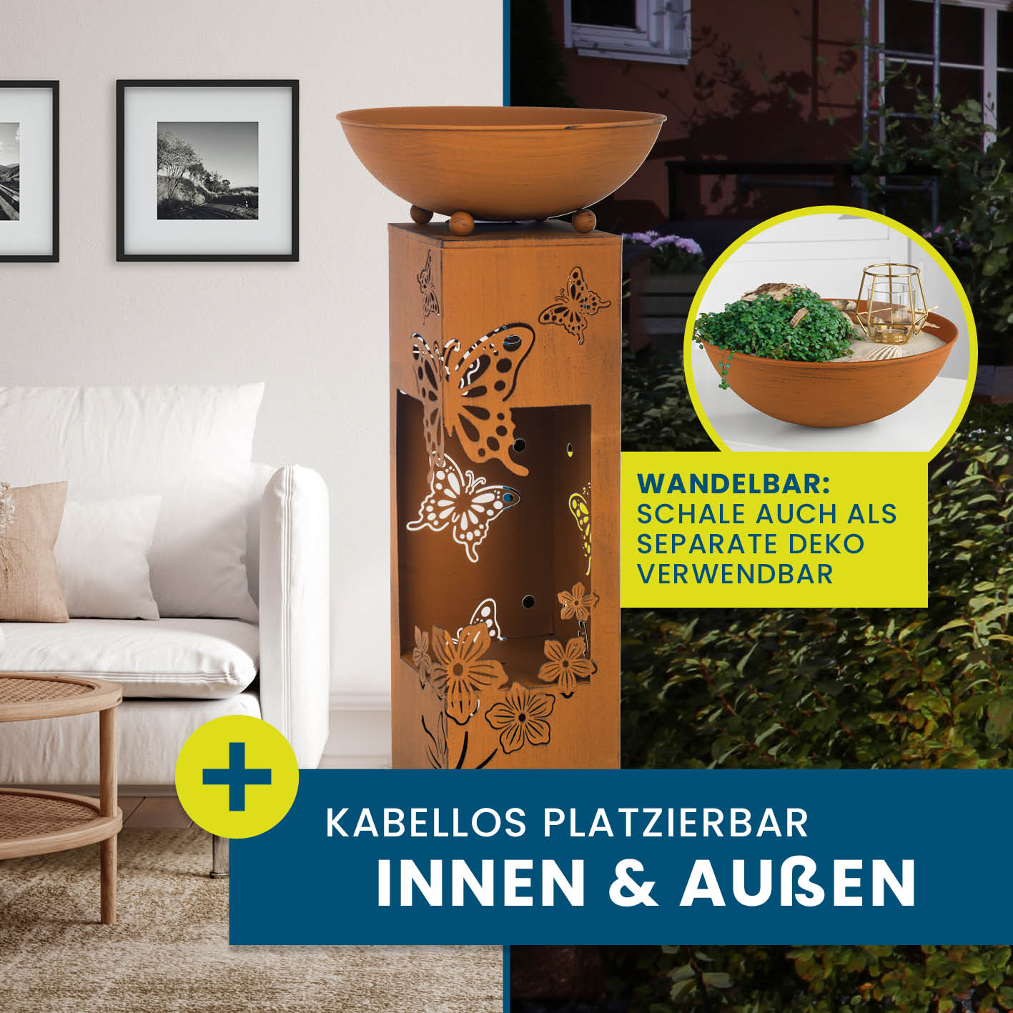 LED Pflanzsäule "Schmetterling" 3D Rost-Optik mit abnehmbarer Pflanzschale, batteriebetrieben, für Innen und Außen, 19 x 19 x 72 cm.