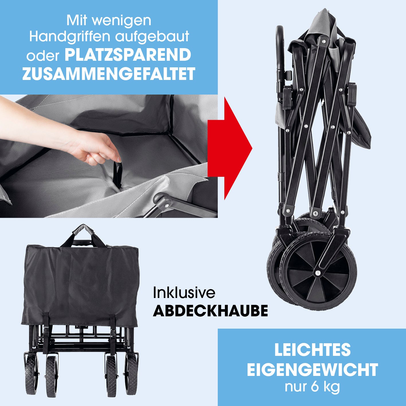 Bollerwagen mit Dach - faltbar - anthrazit/schwarz, platzsparend zusammengefaltet, mit Abdeckhaube und leichtem Eigengewicht von 6 kg.