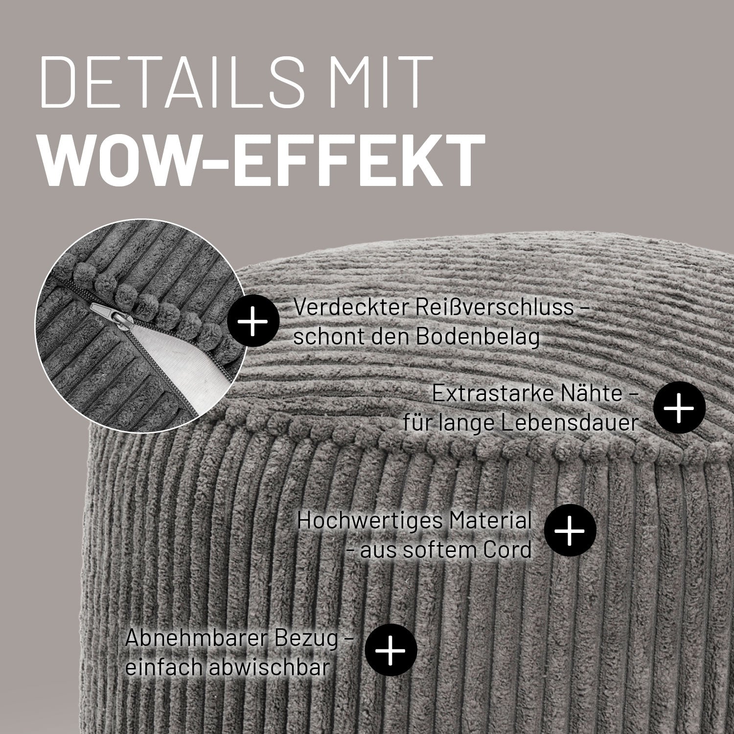 Sitzsack Pouf aus der Cord-Reihe - Grau