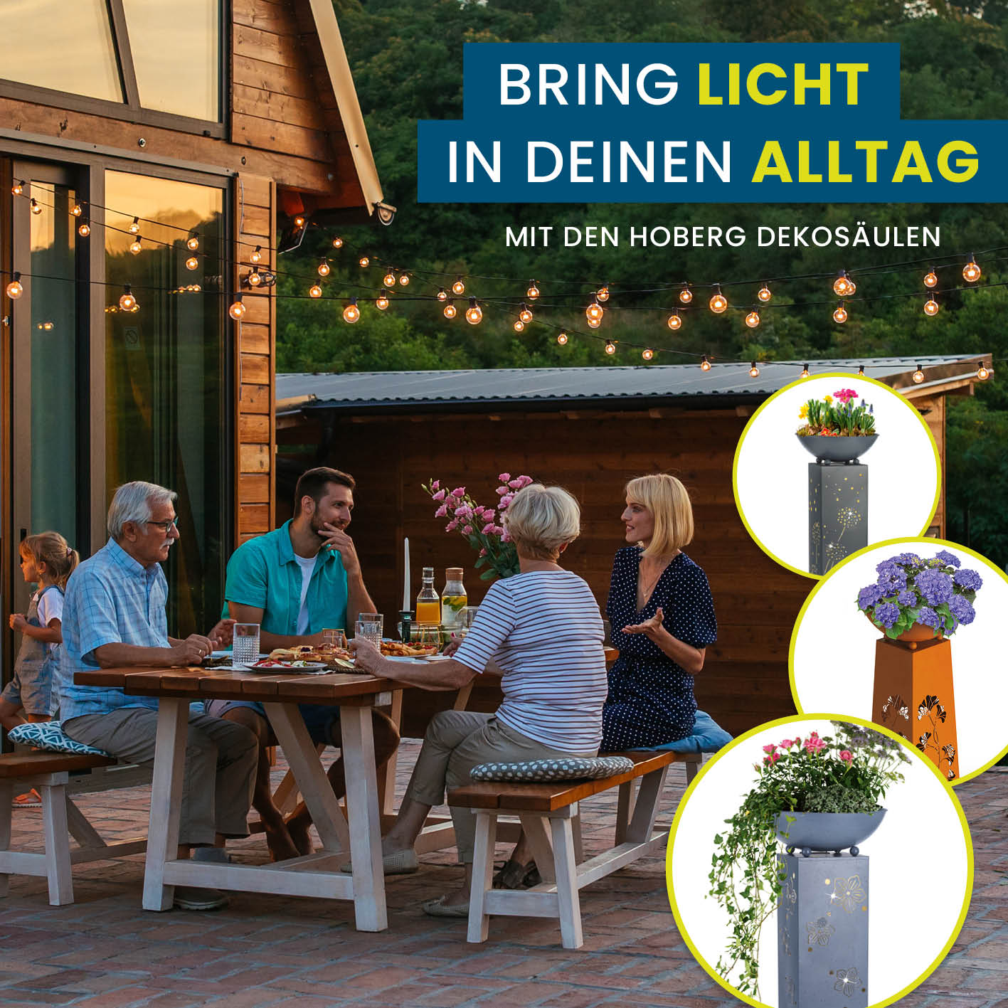 LED Pflanzsäule "Blume" in 3D Beton-Optik mit LED-Beleuchtung und abnehmbarer Pflanzschale für Garten und Terrasse.