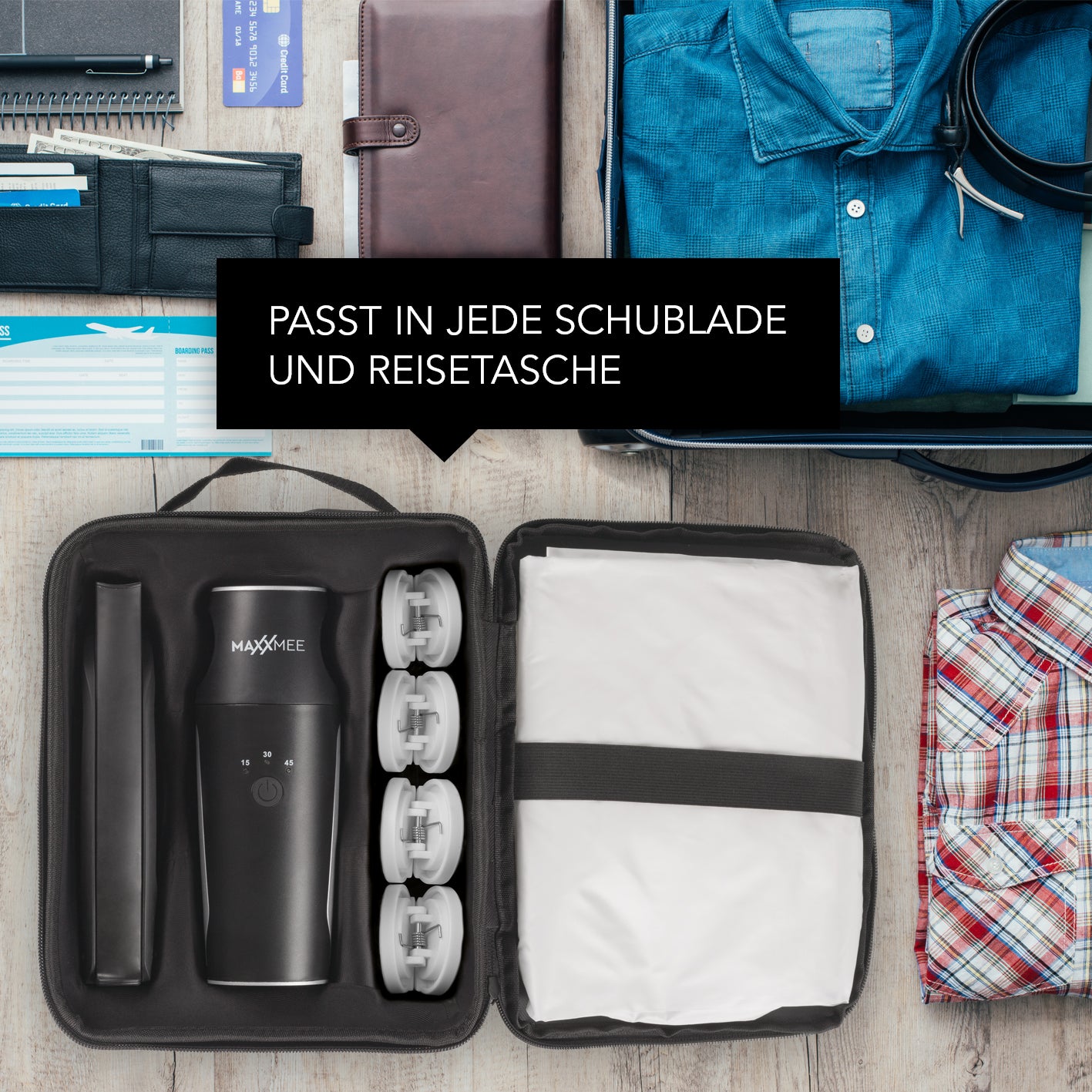 Hemden- & Blusenbügler Kompakt schwarz/silber im Etui, platzsparend und ideal für Schublade oder Reisetasche.