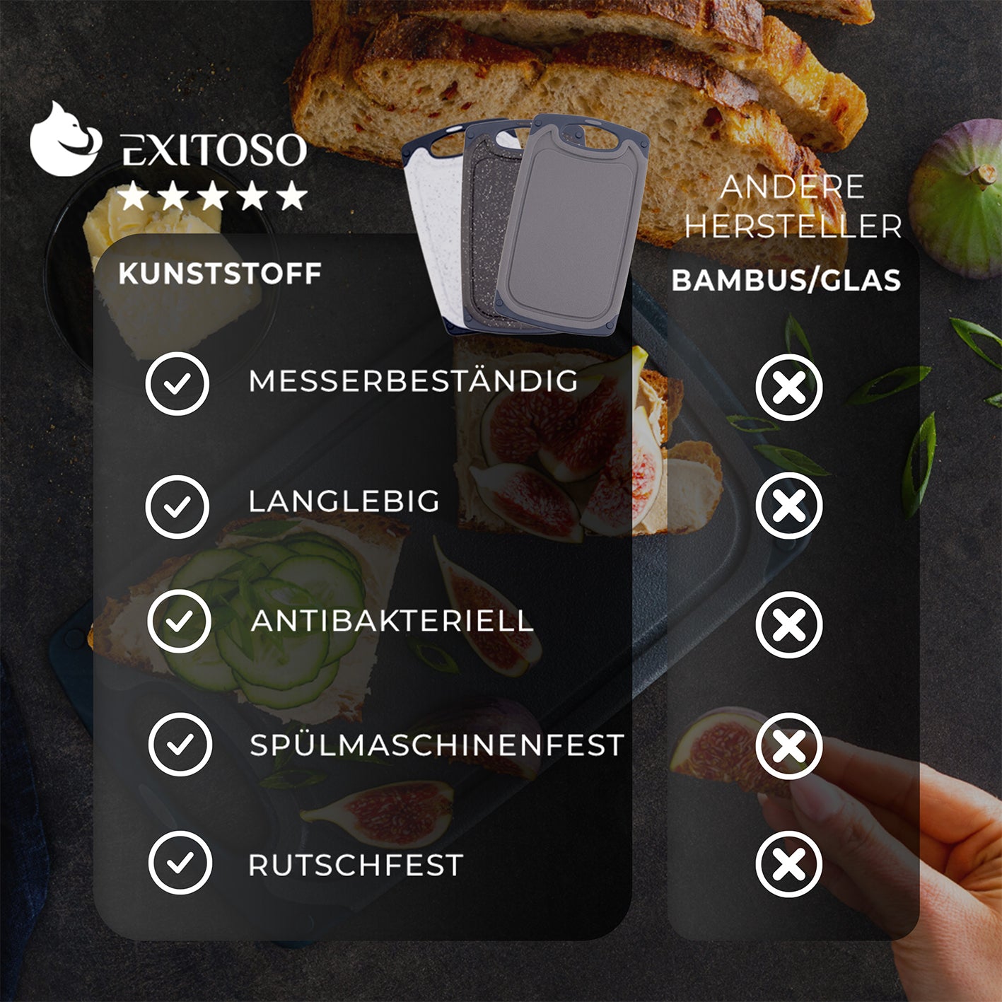 Frühstücksbrettchen - 6er-Set - Marmoroptik Weiß, rutschfest, spülmaschinenfest, antibakteriell, messerbeständig, langlebig aus Kunststoff.