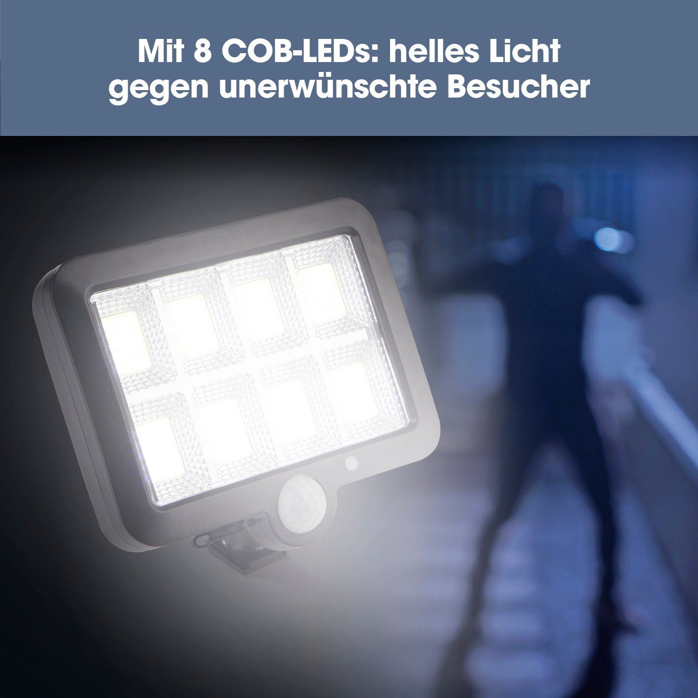 Solar-Strahler mit Bewegungsmelder mit 8 COB-LEDs für helles Licht und Schutz vor unerwünschten Besuchern bei Nacht.