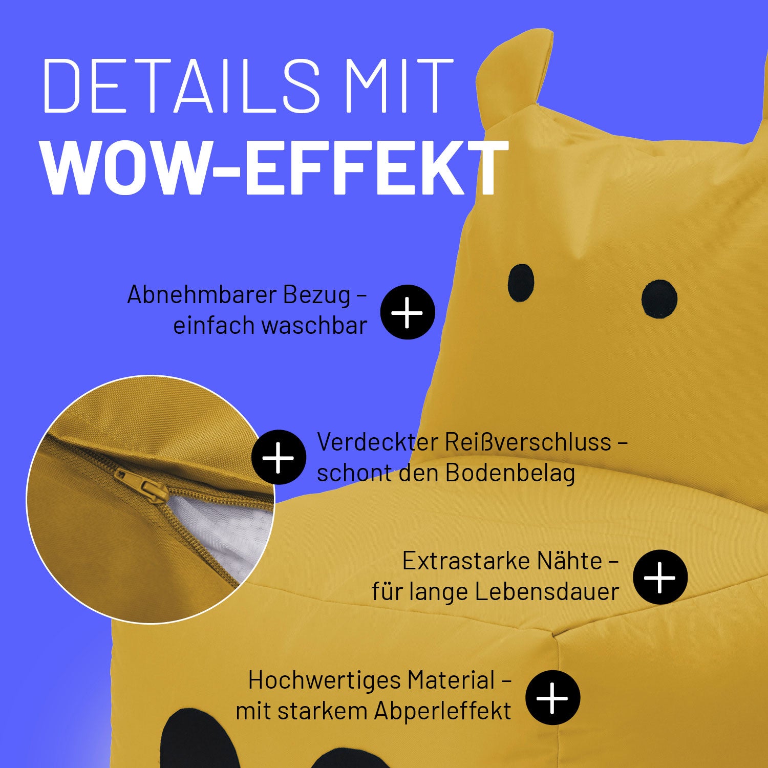 Kindersitzsack Animal Line Hippo (200 L) Senfgelb mit abnehmbarem Bezug, verdecktem Reißverschluss und wasserabweisendem Material.