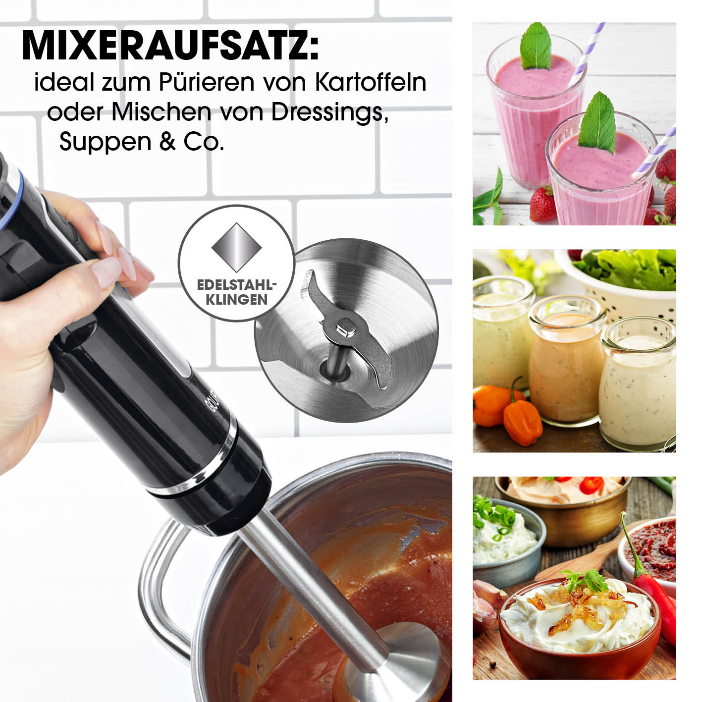 Akku-Stabmixer mit XL-Zubehör-Set zeigt kabellosen Stabmixer mit Edelstahlklingen beim Pürieren von Soßen und Dips.
