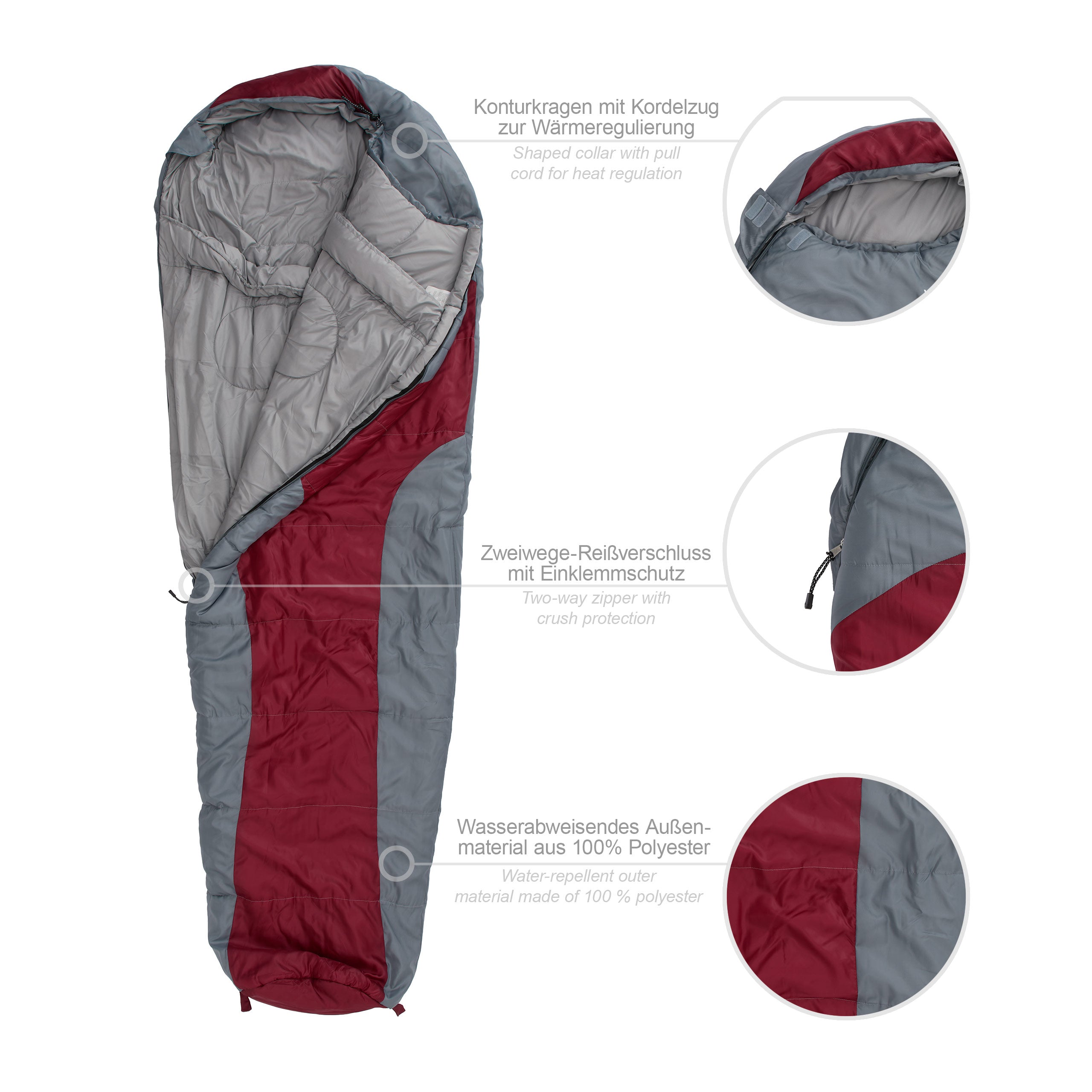 Camping Schlafsack Classic - Mumienschlafsack mit Tasche - 230 x 80 x 55 cm - Weinrot