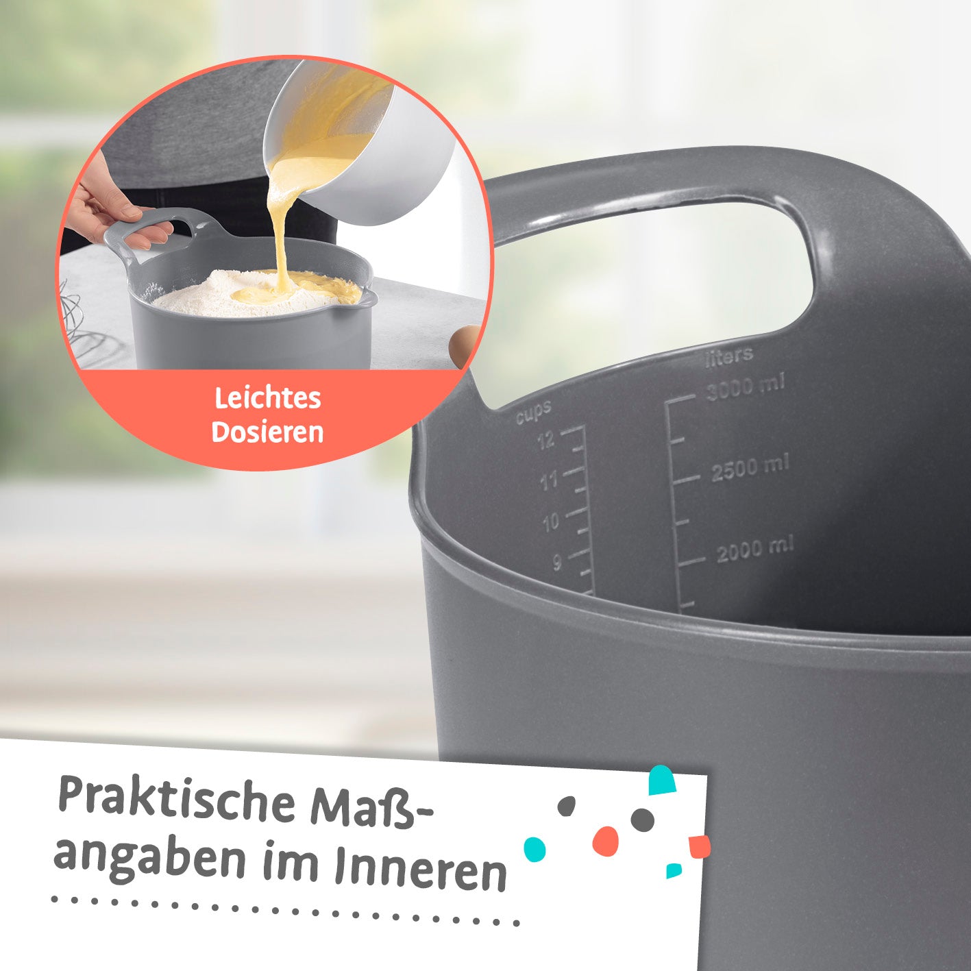 Schüssel-Set 4-tlg. mit praktischem Ausgießer, rutschfestem Boden und Messskala für einfaches Dosieren und platzsparendes Stapeln.