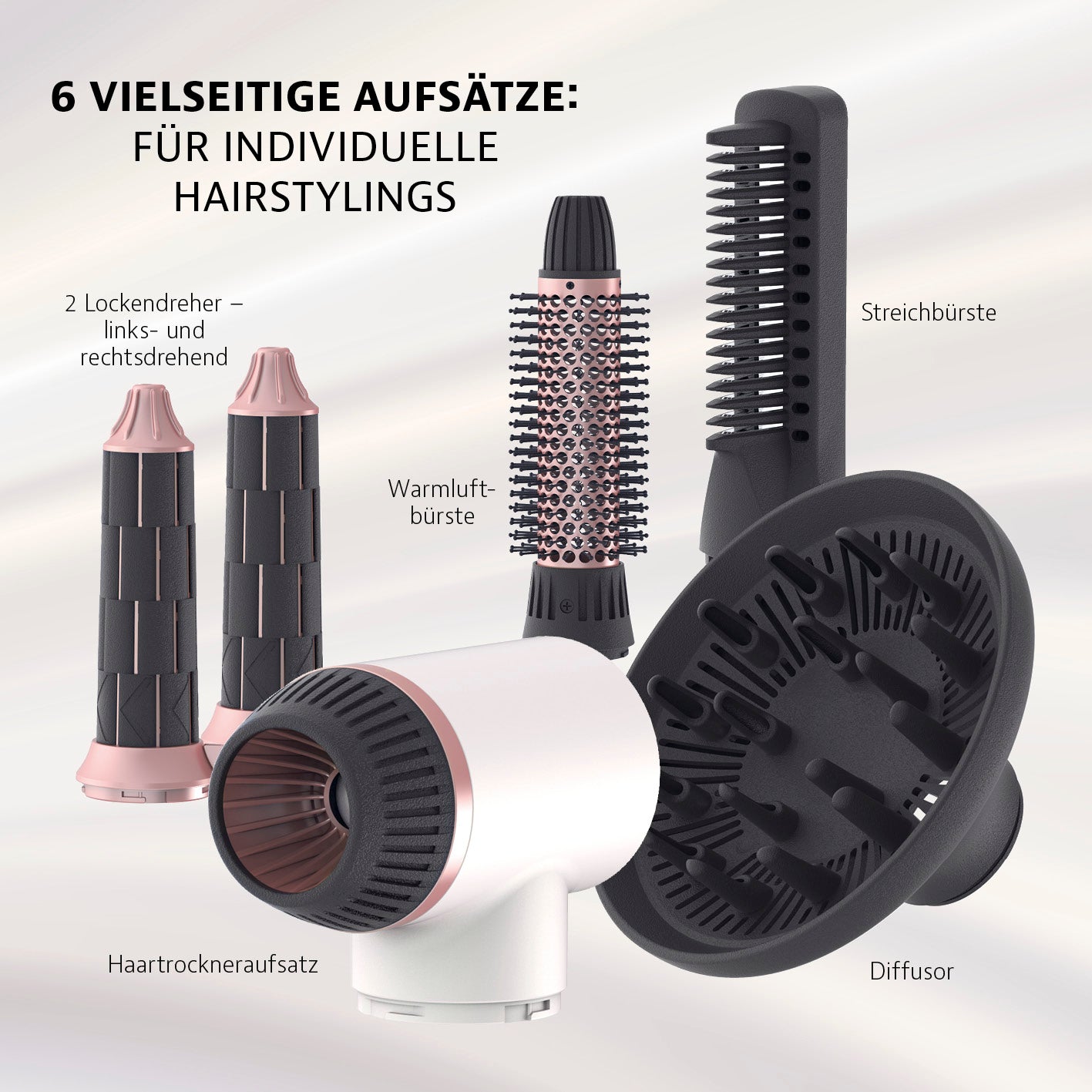 my BEAUTY STYLER - 7-tlg. Set mit 6 vielseitigen Aufsätzen für trocknen, stylen, glätten und Locken kreieren, inkl. Diffusor und Lockendreher.