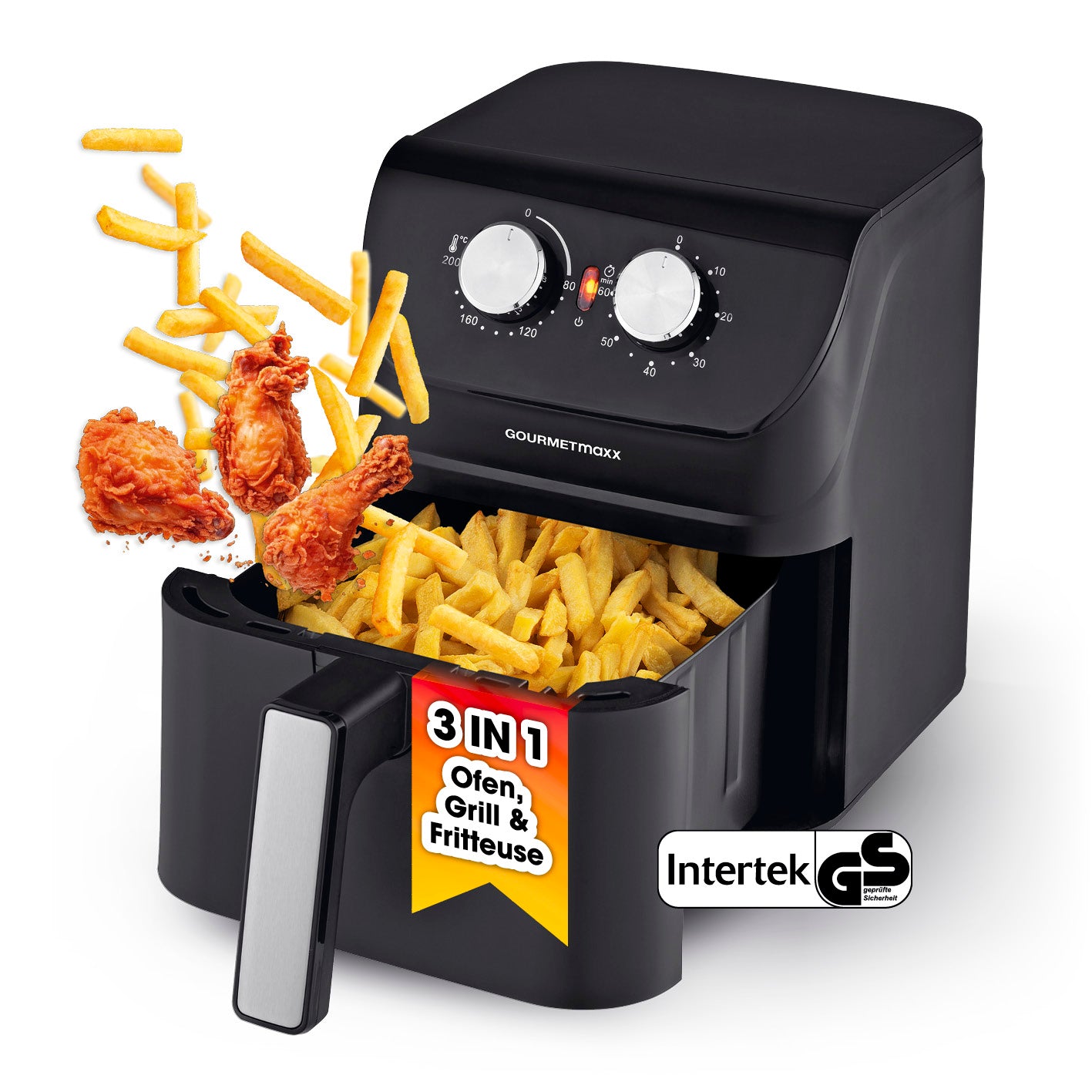 Heißluftfritteuse mit 4 Litern Fassungsvermögen - 1400 Watt, 3-in-1 Ofen, Grill und Fritteuse von GOURMETmaxx.