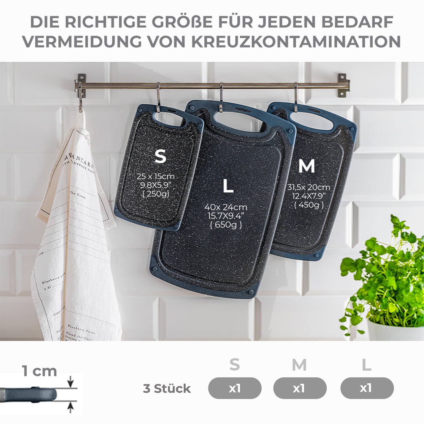 Frühstücksbrettchen - 3er-Set - Marmoroptik Schwarz mit Antirutsch, Saftrille, BPA-frei, vielseitig und spülmaschinenfest in drei Größen.