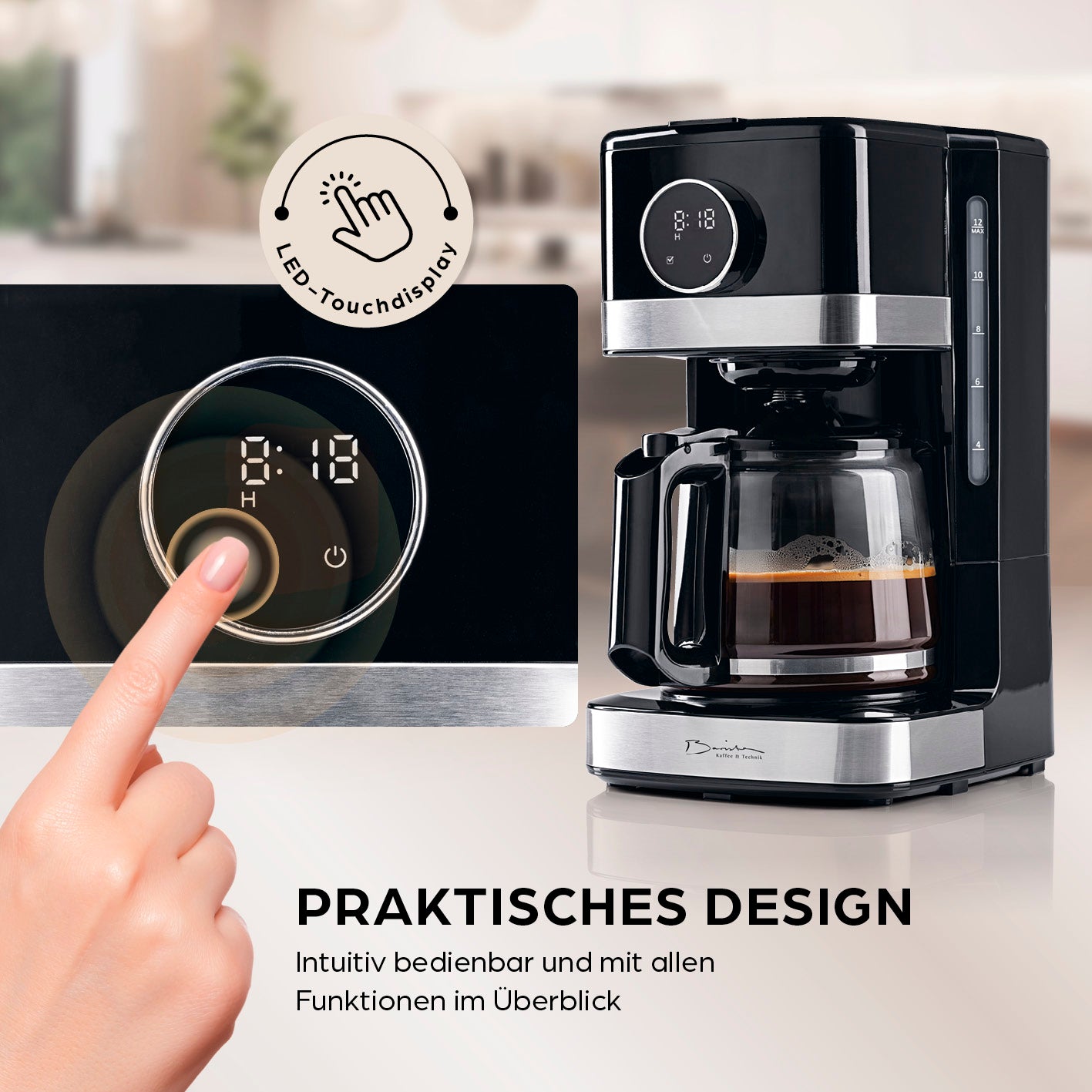 Filterkaffeemaschine Touch mit digitalem LED-Touchdisplay, Timerfunktion und großem Wassertank für bis zu 12 Tassen Kaffee.