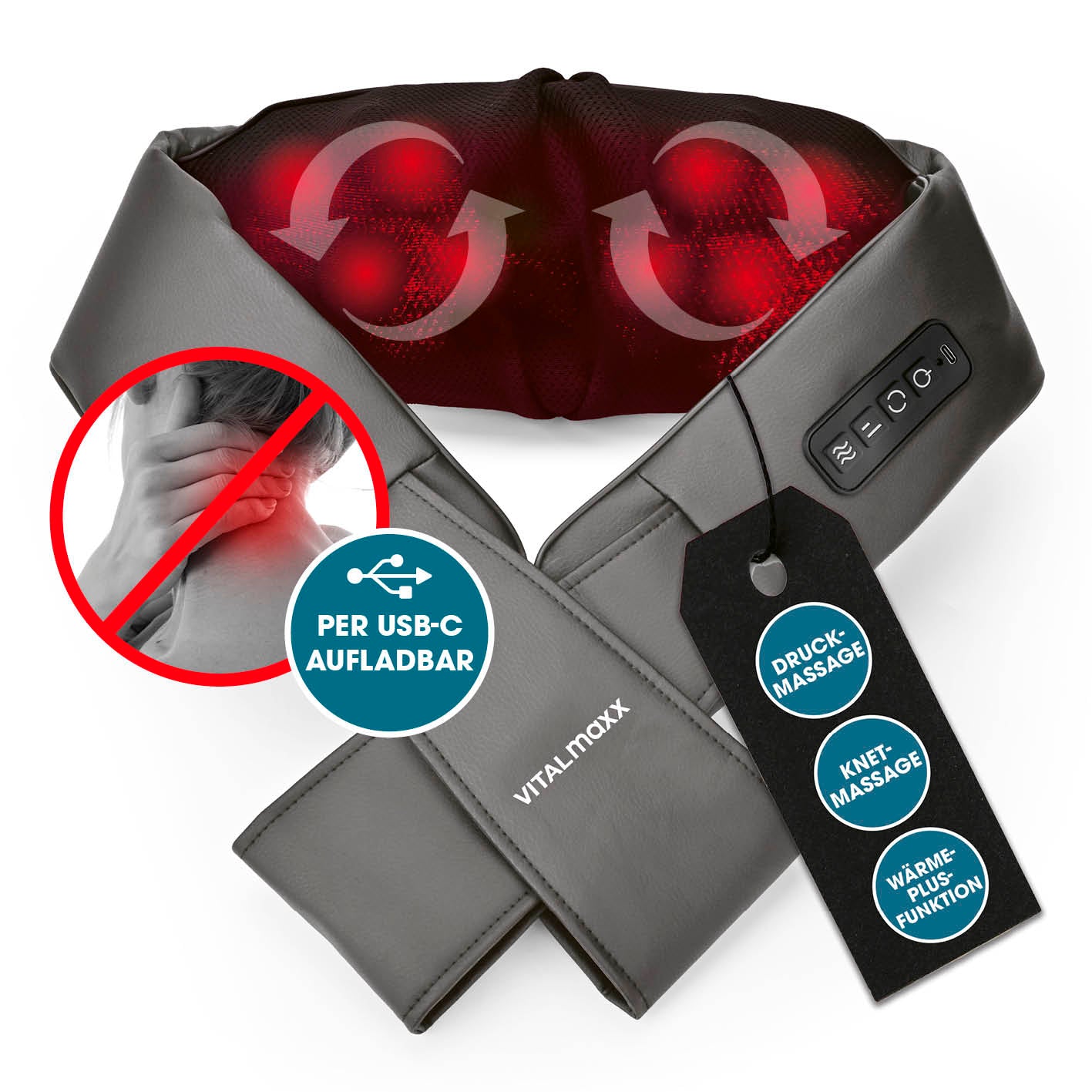 Shiatsu-Massagegerät mit Druck- und Knetmassage, Wärmefunktion, USB-C Aufladung und individuell einstellbarer Massage.