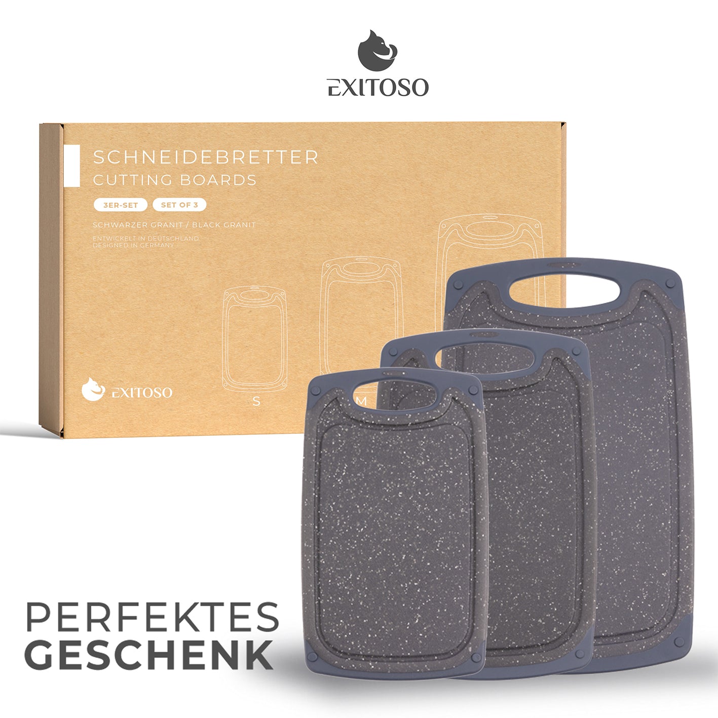 Frühstücksbrettchen - 3er-Set - Marmoroptik Schwarz mit rutschfestem, antibakteriellem Kunststoff und Saftrille, spülmaschinenfest.