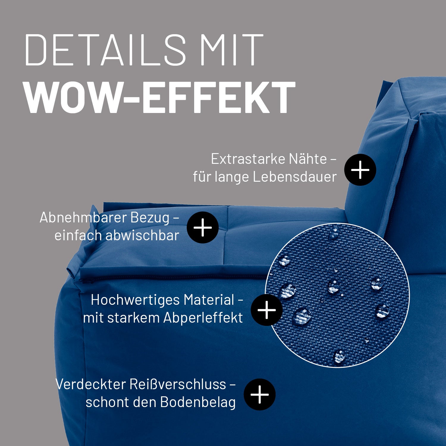 Sitzsack-Sofa Mittelstück (200 L) in Navyblau mit abnehmbarem Bezug, extrastarken Nähten und verdecktem Reißverschluss.